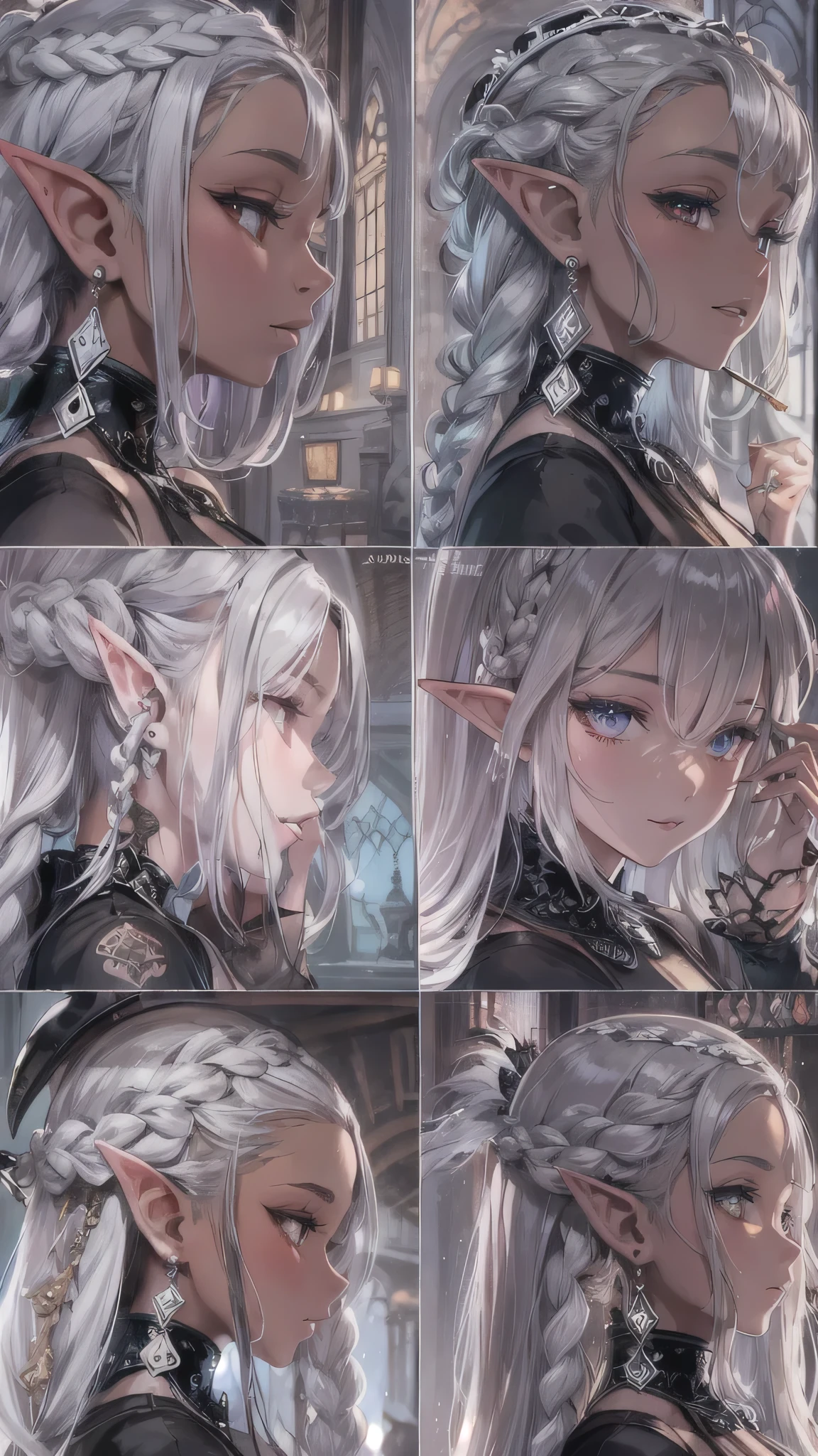 perfect ???????, masterpiece:1.3, best quality, 8k, beautiful detailed grow, daydreaming expression, break, ((a cigarette:1.3 in mouth)) ((Cornrow Hair Short Dreadlocks)) (black skin elf, silver  hair long hair detailed maid elf woman, 1000 yo, cute silver eyes, lovely smile), break, ((in a Gothic maid uniform)), break, in the enchanted garden.