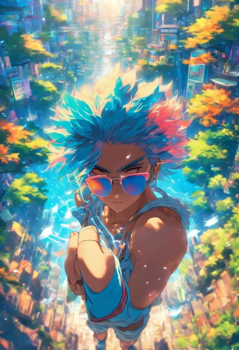 Uma paisagem colorida, uma desenho,enfim, cabelo azul, sunglasses, estilo nft.