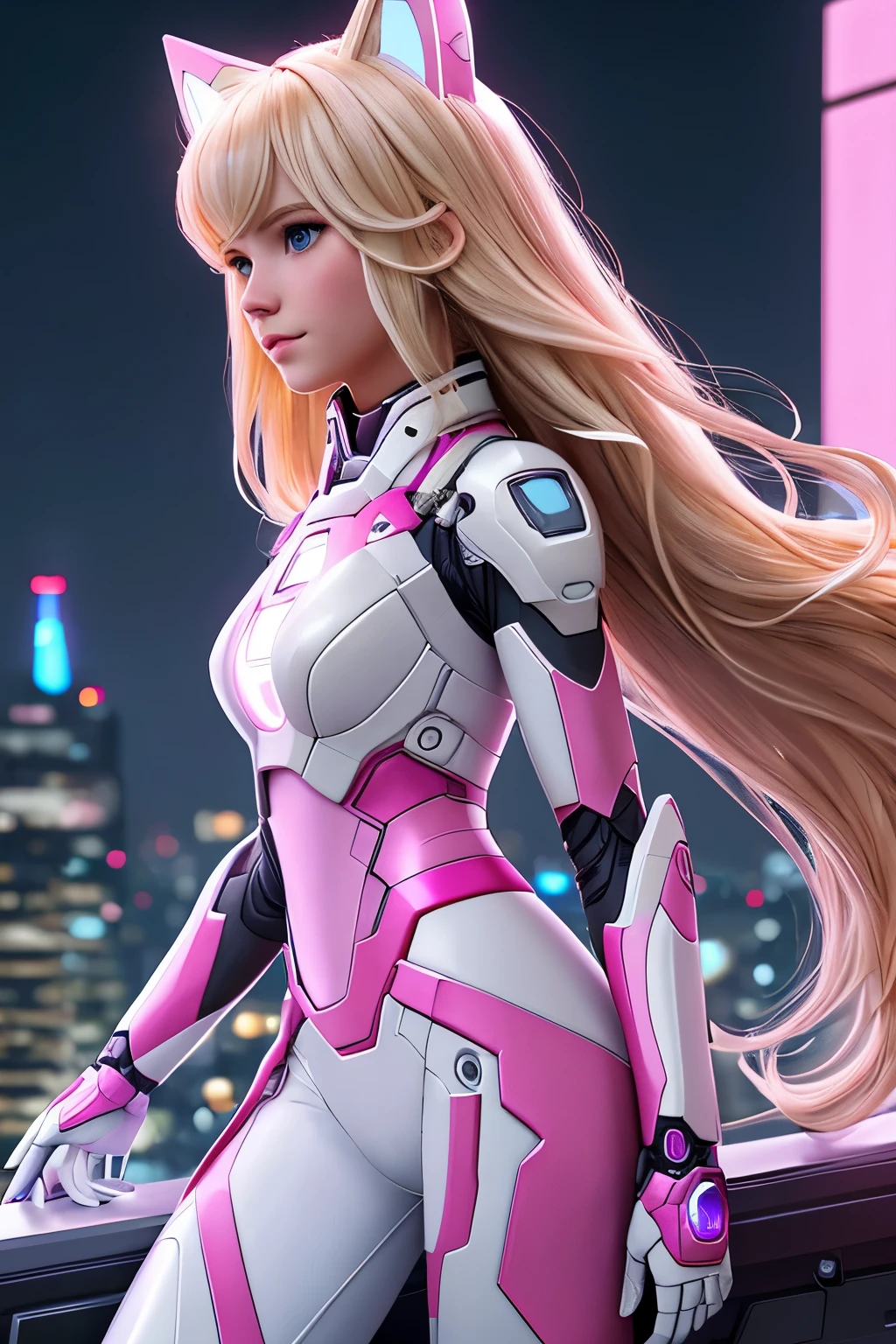 close up 1girl in, teenager, Solo, Aesthetic artwork, blond, straight blonde hair, super long blonde hair, light blue eyes, some small freckles, pale skin, small breasts, cleavage, runners body, (thin hips, thin waist: 1.25), detailed skin, neutral face, shy smile, (action shot flying: 1.25), ((She(Side View), full body shot, she is wearing a futuristic Iron Man mech, pink and black color scheme, highly detailed)), (white fox ear, white fox tail:1.25), very detailed city roof background, rooftop, overlooking midnightcity, 24mm, 4k textures, soft cinematic light, RAW intricate, elegant, highly detailed, sharp focus, ((((cinematic look)))), soothing tones, insane details, intricate details, hyperdetailed, low contrast, soft cinematic light, dim colors, exposure blend, hdr, faded