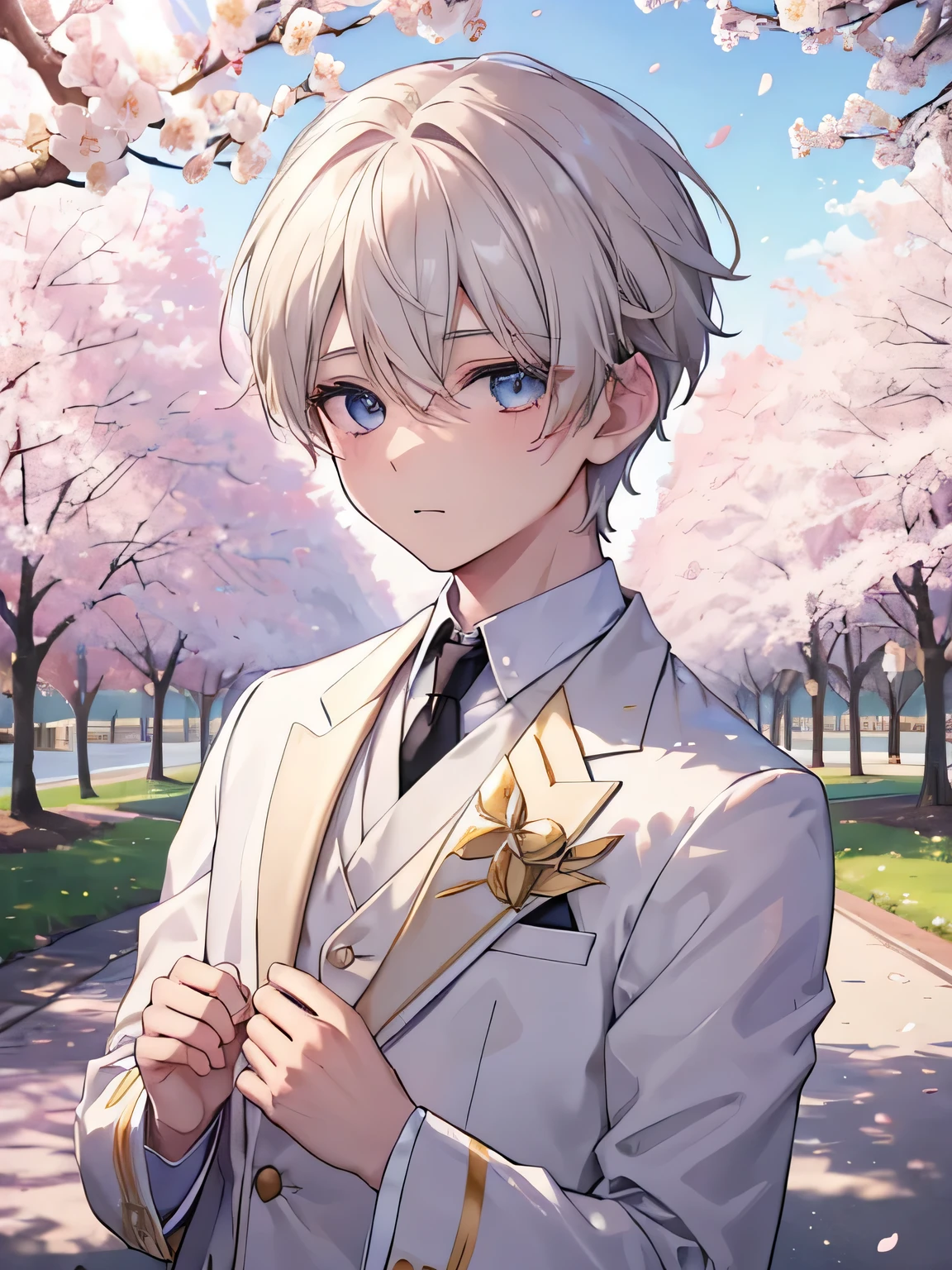 4k, 8K, (1 boy:1.3), gold ash hair, beautiful boy, very beautiful eyes, blown away eyes, wearing a white suit, a row of cherry blossom trees in full bloom