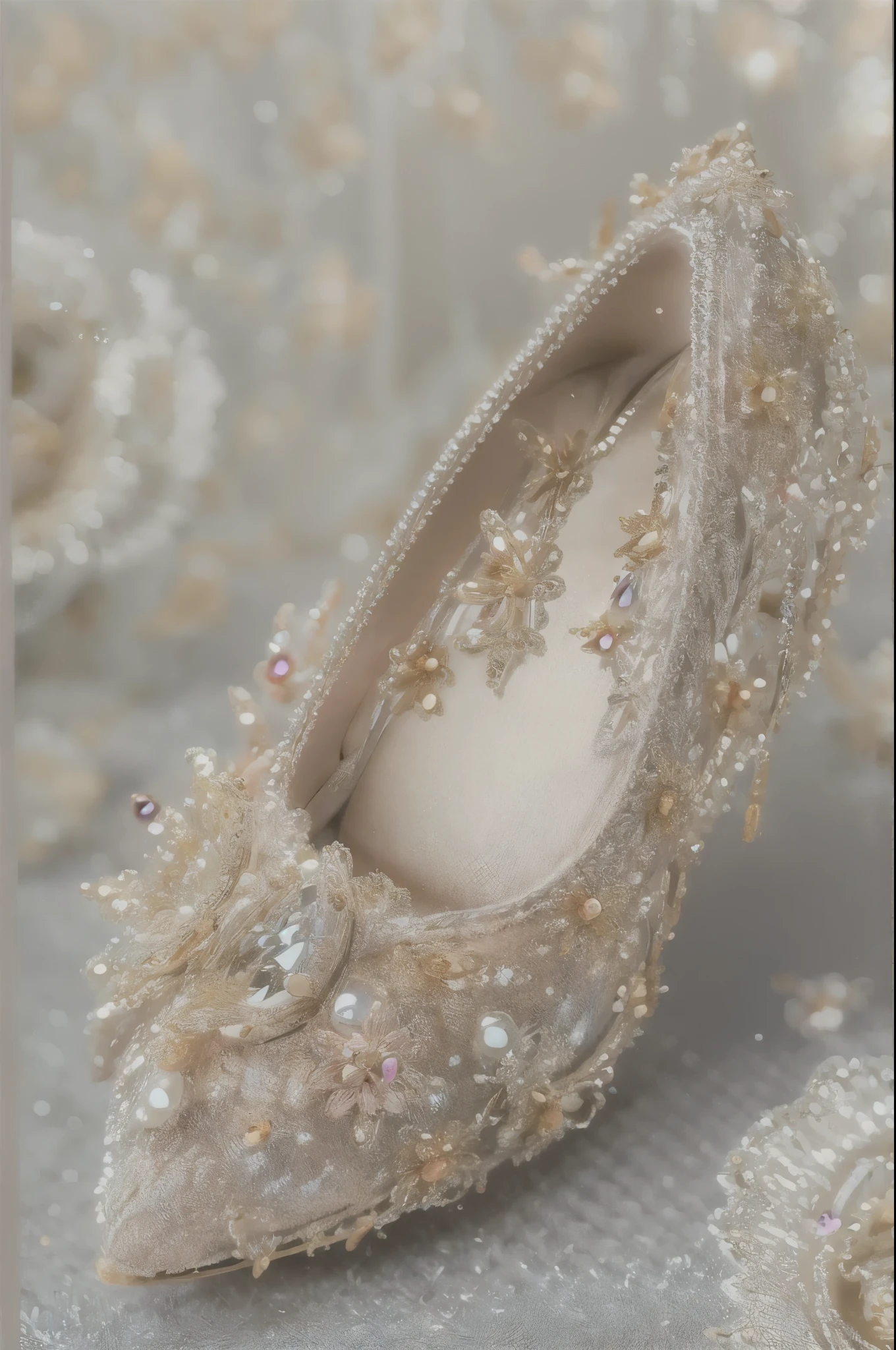 Masterpiece, best quality, 8k, vivid color fairy crystal slipper, pink and gold, carefully crafted lace, delicate beading, sparkling shine, exquisite embroidery, pearl details, small heel with intricate design