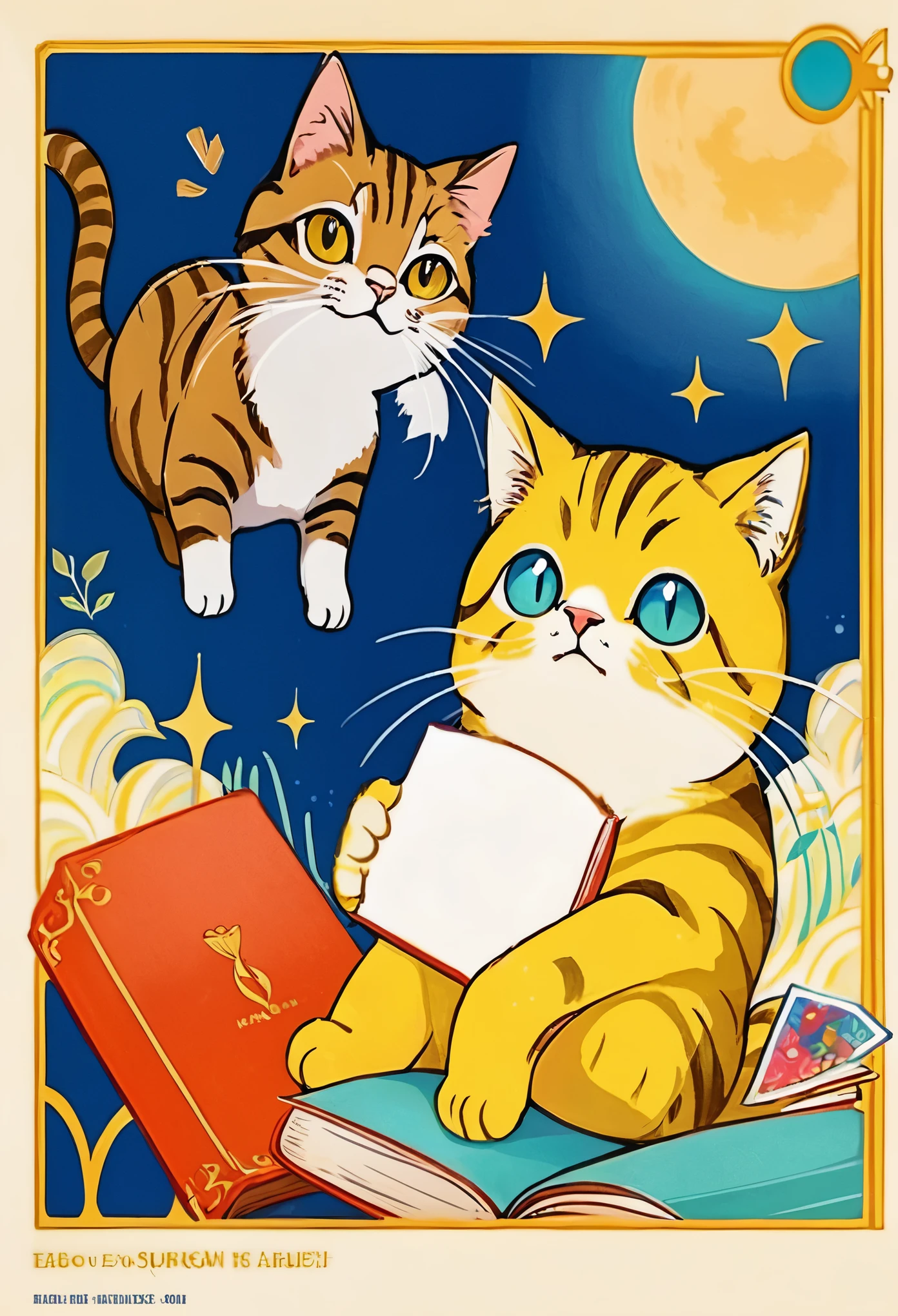 Gato segurando um livro escrito Book of MEOW em sua capa