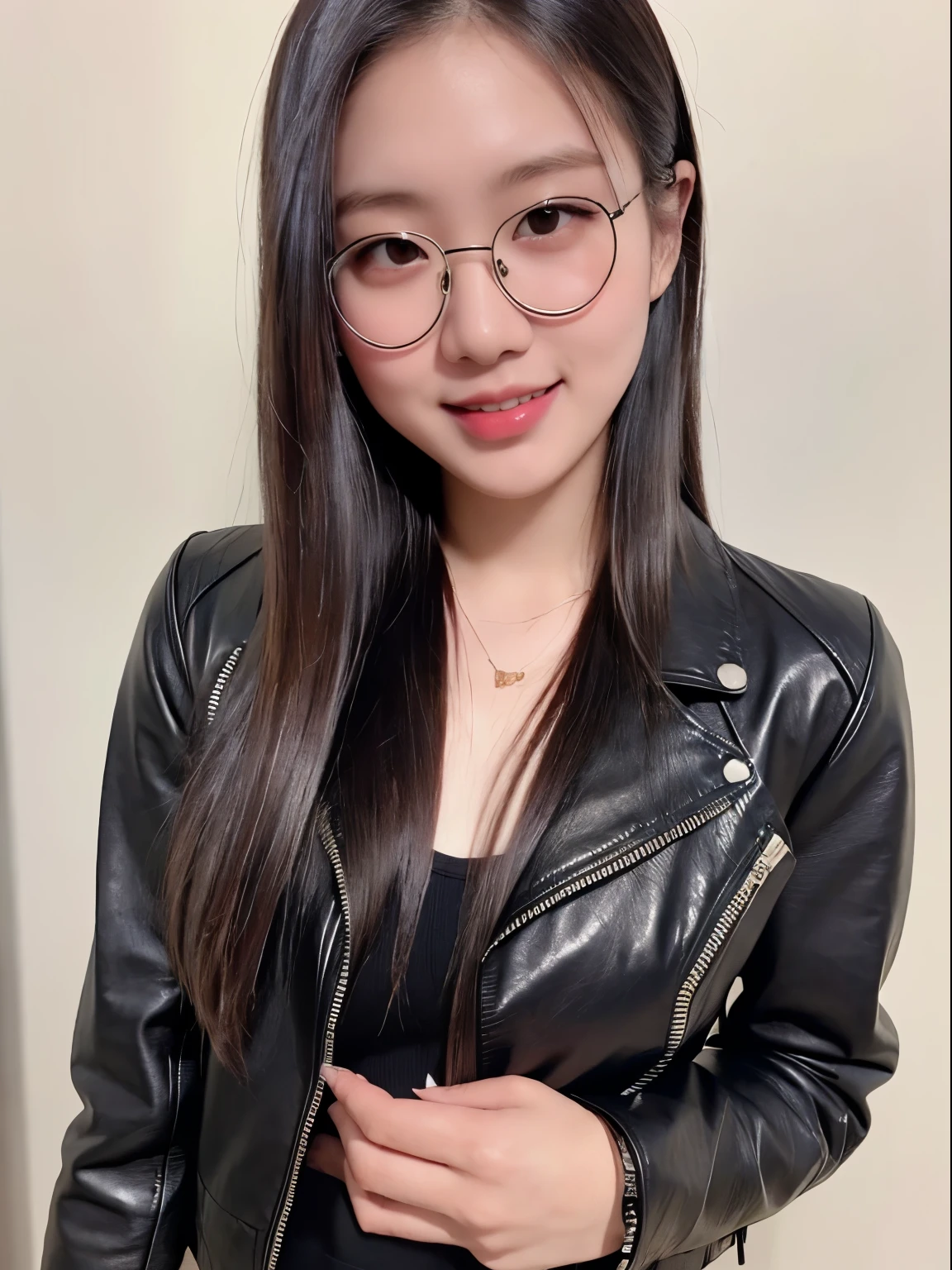 (masterpiece:1.2), 8k,(ultra-realsitic:1.37), 17 year old Thai actress, (random sexy pose:1.3), (laughing slightly:1.2), black hair, face lights, Detailed face, (wear eyeglasses:1.4), (wearing a shining black faux leather jacket:1.5), sexy costume,