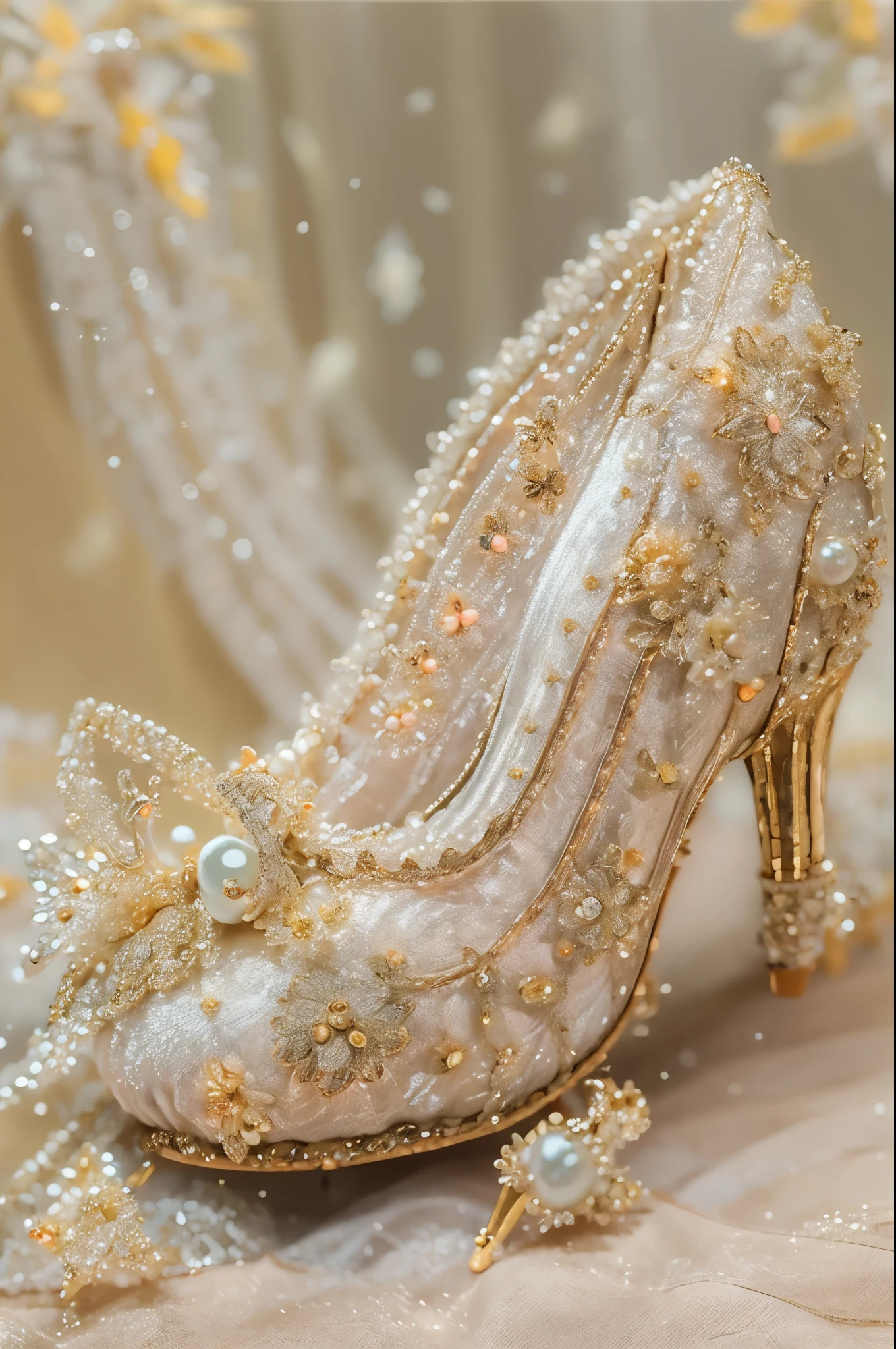 Masterpiece, best quality, 8k, vivid color fairy crystal slipper, pink and gold, carefully crafted lace, delicate beading, sparkling shine, exquisite embroidery, pearl details, small heel with intricate design