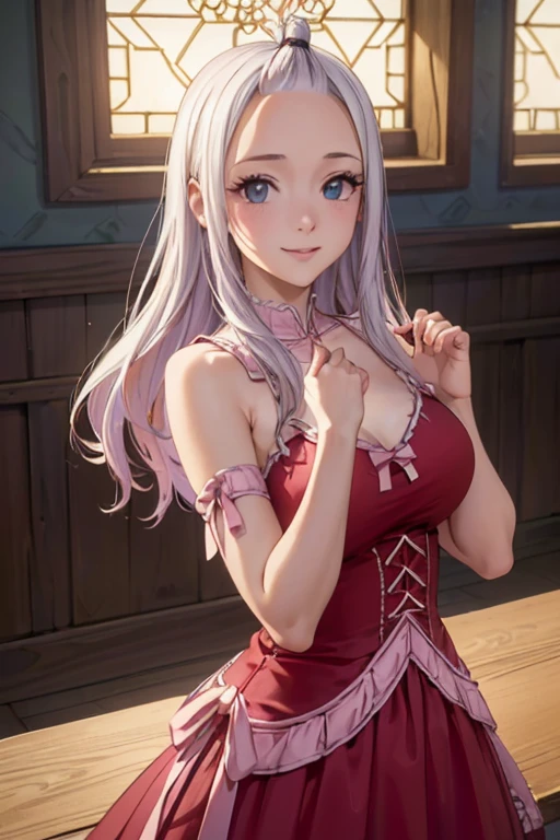 ultra realistic 8k cg, masterpiece, ((ultra detailed background, delicate pattern, intricate detail)), (highly detailed, fine details), best quality, 1girl, (photorealistic:1.4),beautiful lighting, absurdres, RAW photo, film grain, Mirajane Strauss with a beautiful smile striking a sexy pose and wearing a red velvet dress