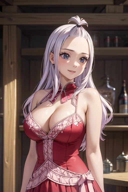 ultra realistic 8k cg, masterpiece, ((ultra detailed background, delicate pattern, intricate detail)), (highly detailed, fine details), best quality, 1girl, (photorealistic:1.4),beautiful lighting, absurdres, RAW photo, film grain, Mirajane Strauss with a beautiful smile striking a sexy pose and wearing a red velvet dress