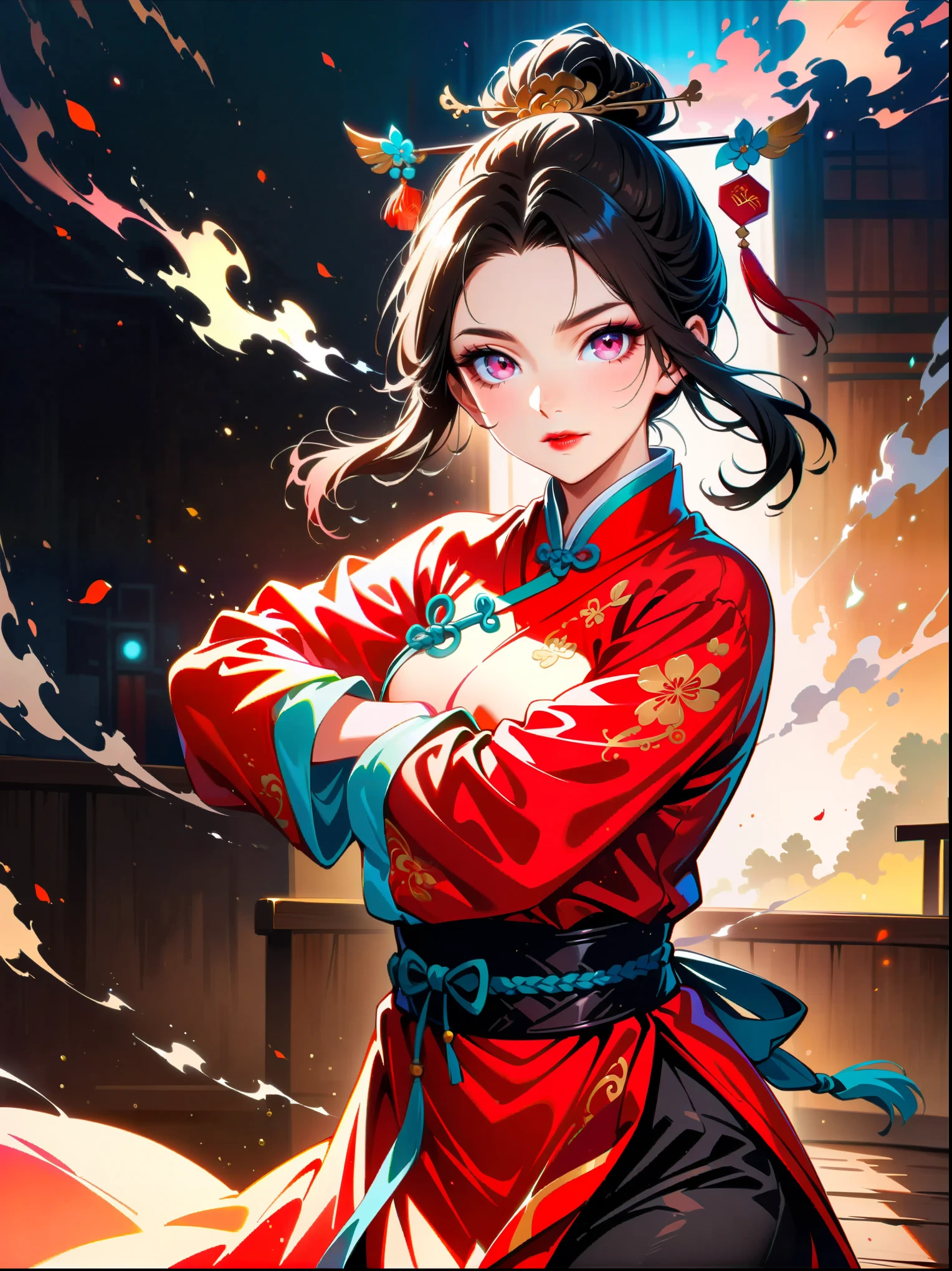 masterpiece，official art，Extremely detailed CG unified 8K wallpaper，Highly detailed，absurd，8K resolution，studio灯光，studio，Exquisite facial features，perfect face，Pink Eye Shadow，red lips，highres，1girl，stable，calm，martial arts，Traditional Chinese Clothing，（smoke：1.2），（Glowing behind：1.2），depth of field，panoramic，film lighting，Ray tracing，best quality