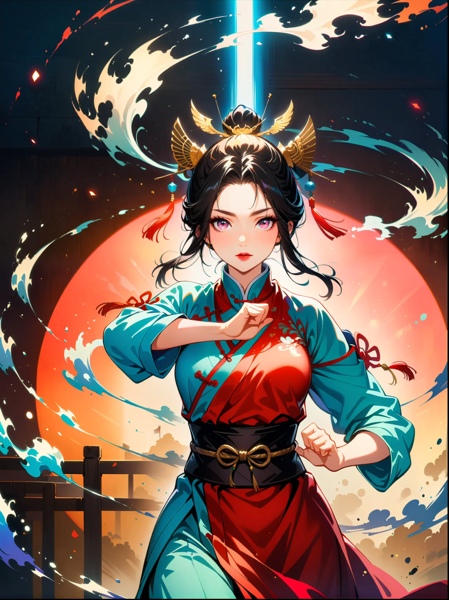 masterpiece，official art，Extremely detailed CG unified 8K wallpaper，Highly detailed，absurd，8K resolution，studio灯光，studio，Exquisite facial features，perfect face，Pink Eye Shadow，red lips，highres，1girl，stable，calm，martial arts，Traditional Chinese Clothing，（smoke：1.2），（Glowing behind：1.2），depth of field，panoramic，film lighting，Ray tracing，best quality