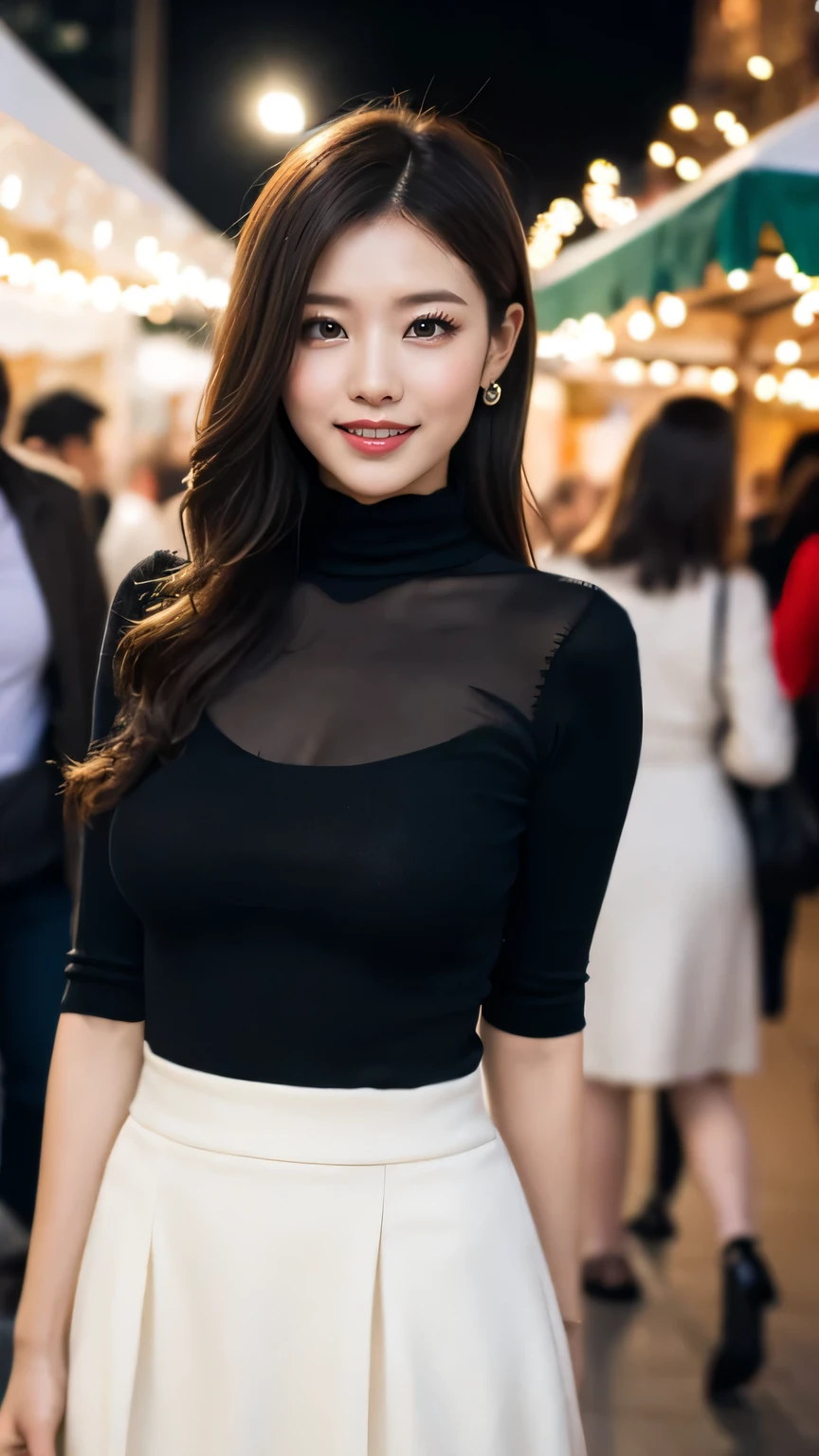 masterpiece, elegant. Ultra-fine details, masterpieces, realistic textures, realistic cinematic lighting, perfect work, 8k, HD, delicate facial features, (upper body), (large breasts:1.2), smile, (Japanese idol:1.3), Professional lighting,
Crimson velvet midi skirt, cream turtleneck sweater, black leather ankle boots, Cozy yet chic, Holiday market in the city square, Twinkling lights and festive decorations,
