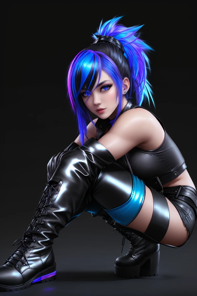 beautiful girl, full body, short bright blue neon streaked dishevelled hair, ((large light realistic detailed eyes:1.3)), ((seductive pose:0.5)), black eyeshadow, (street style wear:1.2), ((tight fitted short pants)), ((thigh high leather boots:1.3)), (dark city night black background:1.4), dark makeup, digital art, trending on artstation, highly detailed, fine detail, intricate, beautiful detailed glow, detailed, Cinematic light, high-res, detailed facial features, sharp focus, smooth, aesthetic,