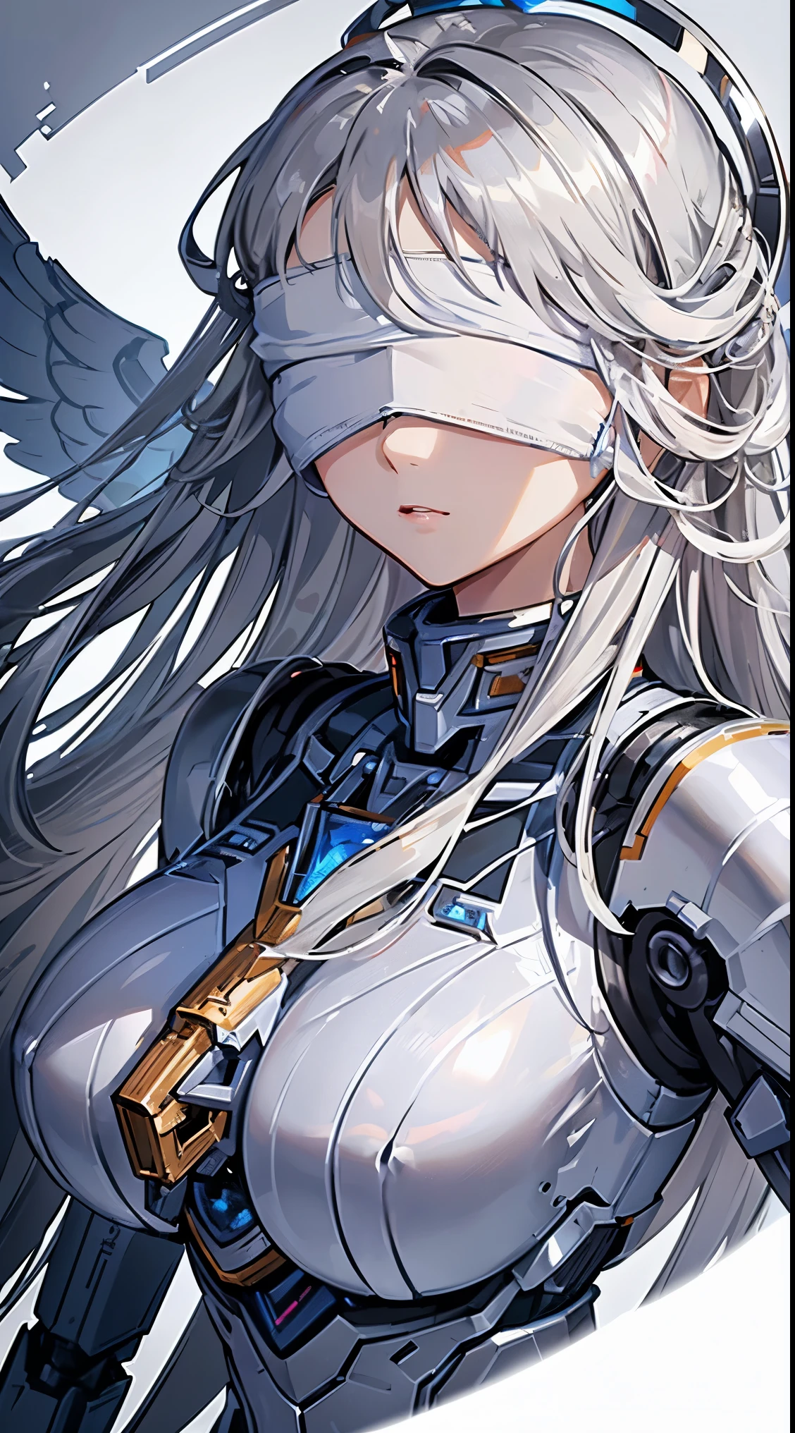 ((8K)), ((32k)), ((highest quality)), ((masterpiece)), ((超A high resolution)), ((T Masterpiece)), ((halo:1.3))、fine skin texture, fine cloth texture, fine metal texture、((beautiful and detailed face))、Raw photo、Professional, Ultra-fine painting, ((solo)), beautiful breasts、highest quality, Super detailed, Super detailed詳細, small details, very beautiful, Princess Knight Robot, (Joint of the machine, mechanical limbs:1.3), (The internal structure of the machine is exposed:1.3), (red long hair 1.1), (Beautiful and huge mechanical breasts)、white veil, cowboy_shot, side focus, headgear, shiny, ((Silver metal machine blindfold:1.8))、 (five fingers, 4 fingers and 1 thumb),concept art, anime fantasy artwork, detailed fantasy art, (with pale blue-violet hair and large white wings,,), (((long hair))), (Mecha:1.6)Sleek and menacing design, ((Armament of the Supreme Commander-in-Chief)), (perfect robot body)、Pure white and blue-purple armor, symmetrical wings, 8K high quality detailed art, 3D rendering of character art in 8K, clear legs, defined, defined fingers, NSFW、((head shot:1.3))