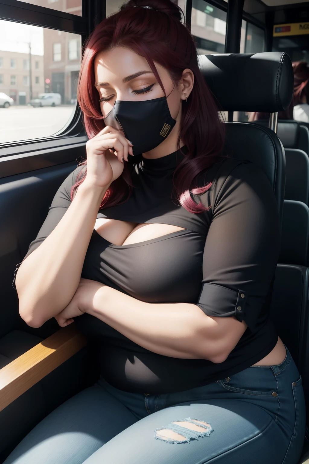1 beautiful woman, large body, curvy, maroon hair, face made up, hair in a bun, hair over her face, black blouse with low neckline, HANDS CROSSED, blue jeans, blue handbag, big nails, eyelids made up, eyelids outlined, asleep lying on a bus, head resting on the seat, eyes closed, MOUTH OPEN WIDE, Lucy Pinder.