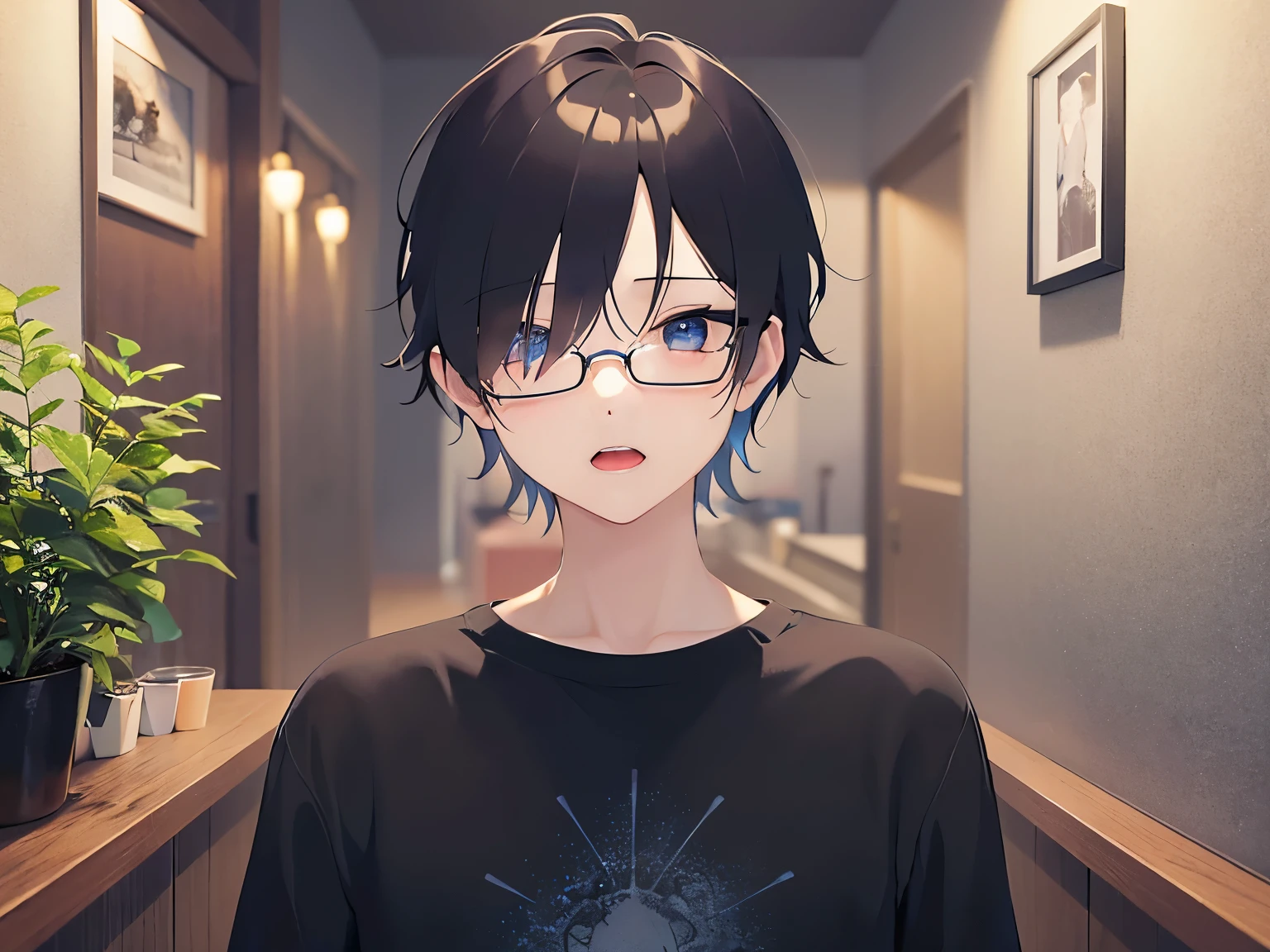 Biologically correct five fingers、Upper body is shown、 plastic frame eyewear、masterpiece、highest quality、(25 year old male:1.5) and (black short hair) and (hair over eyes:1.5) and (blue eyes), black t-shirt、Are standing、(confused look:1.3)、open mouth, The background is the living room at night、illumination、(Alone:1.5)