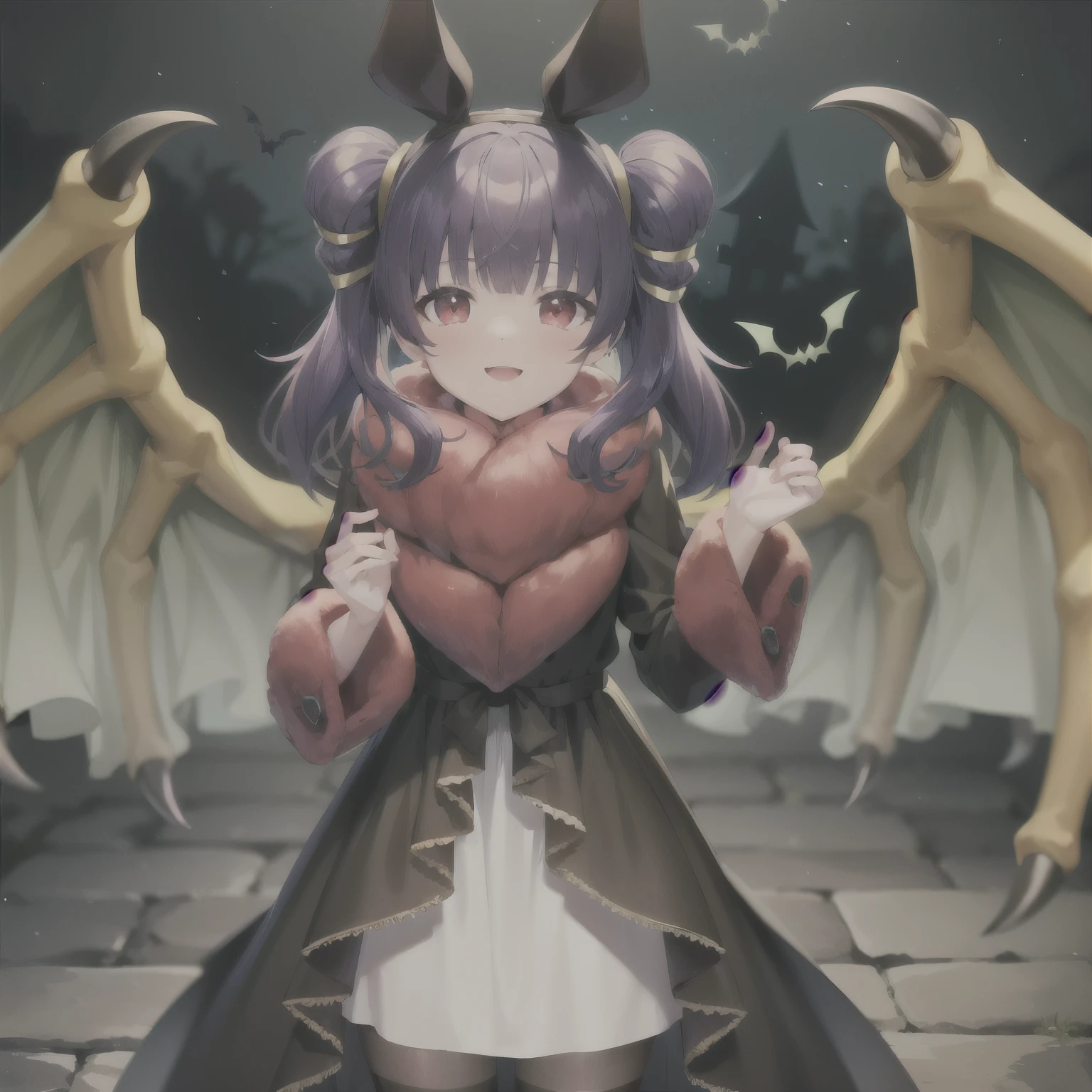 masterpiece, best quality, absurdres, 1girl, standing ,light smile, multi-tied hair, red eyes, blush, myrrh_fe_halloween, halloween, hairband, fur trim, bat ears, dragon wings, 