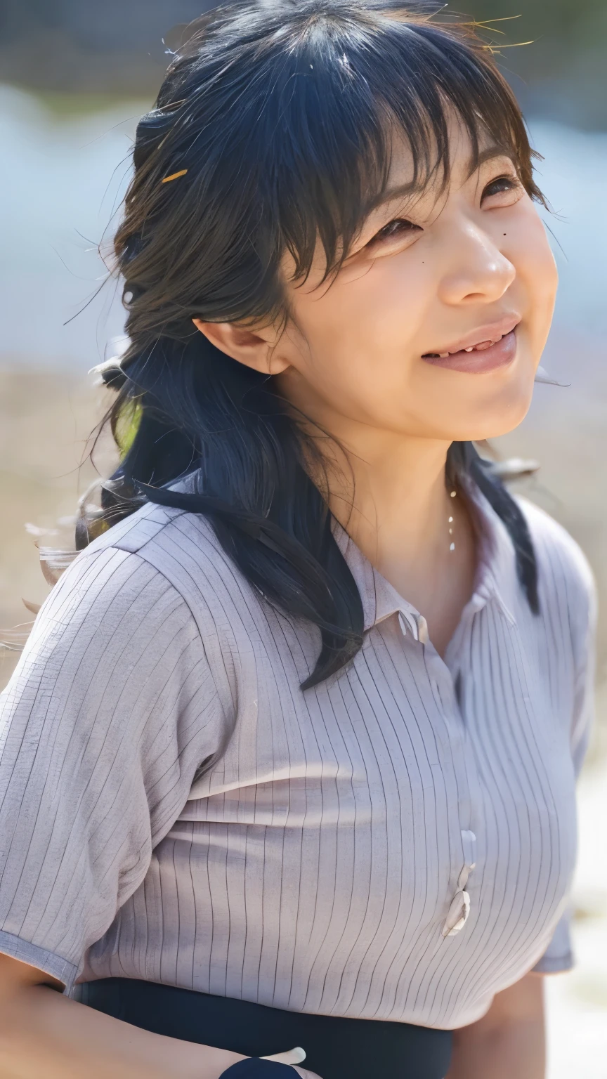 NSFW, ((Top Quality)), ((8K)), ((Masterpiece: 1.3)), (Perfect Appearance), (Photorealism: 1.6), (A woman blown by the wind on the beach), Japanese woman, (48 years old), married woman, ((Realistic skin texture 1.8)), (Fine wrinkles throughout the skin: 1.3), (Dull skin: 1.1), (Skin without moisture: 1.2) , (Wrinkles on the face: 0.9), (Wrinkles on the corners of the eyes: 1.2), Double eyelids, tear bags on the lower eyelids, (Crying moles: 0.9), The eyes are looking here, smiling with lips slightly open, (Dimples: 1.2), (The bangs are swept to one side), long hair, unbound hair, (hair blowing in the wind), shirt with large neckline, Flare long skirt, skirt fluttering in the wind, ((whole body)),