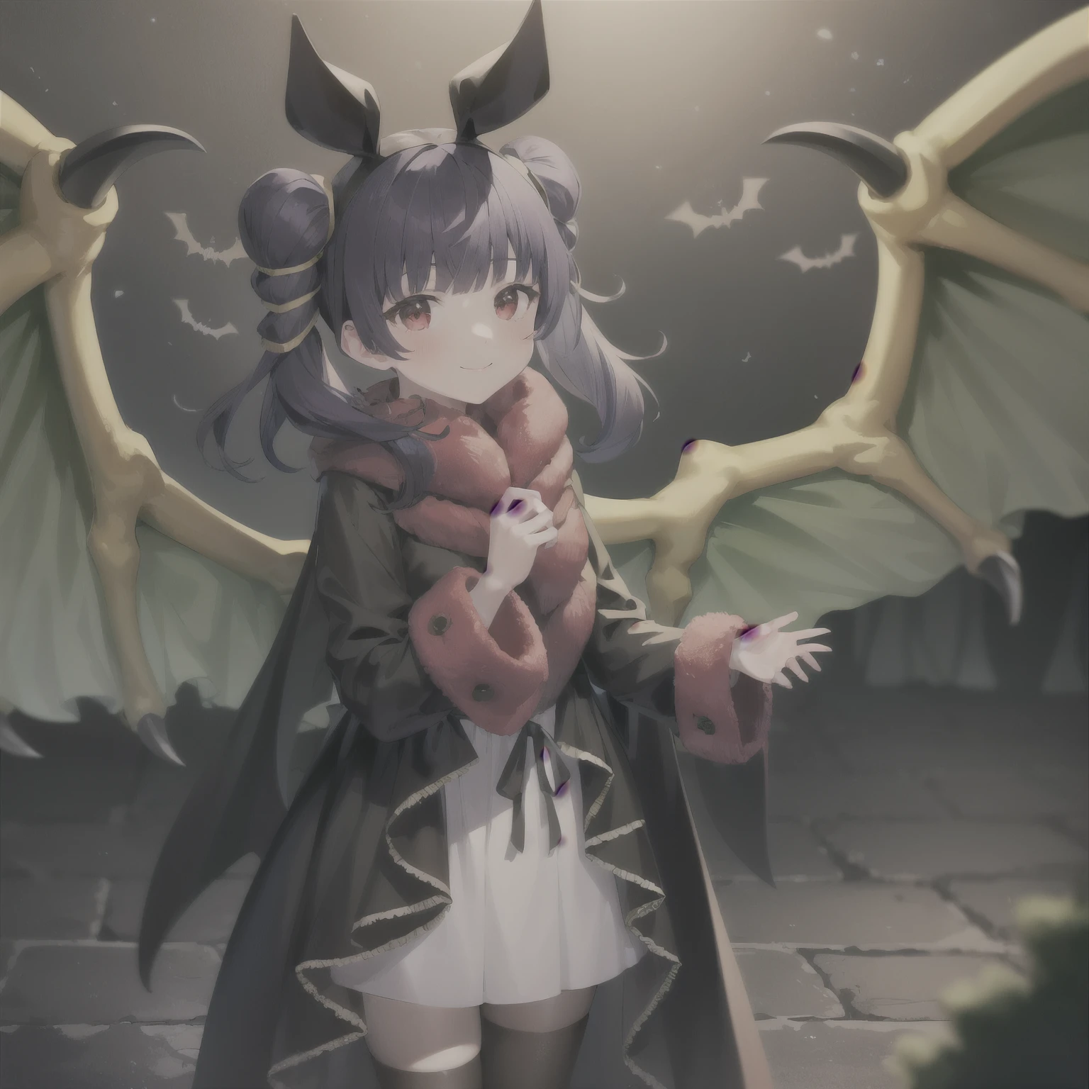 masterpiece, best quality, absurdres, 1girl, standing ,light smile, multi-tied hair, red eyes, blush, myrrh_fe_halloween, halloween, hairband, fur trim, bat ears, dragon wings, 