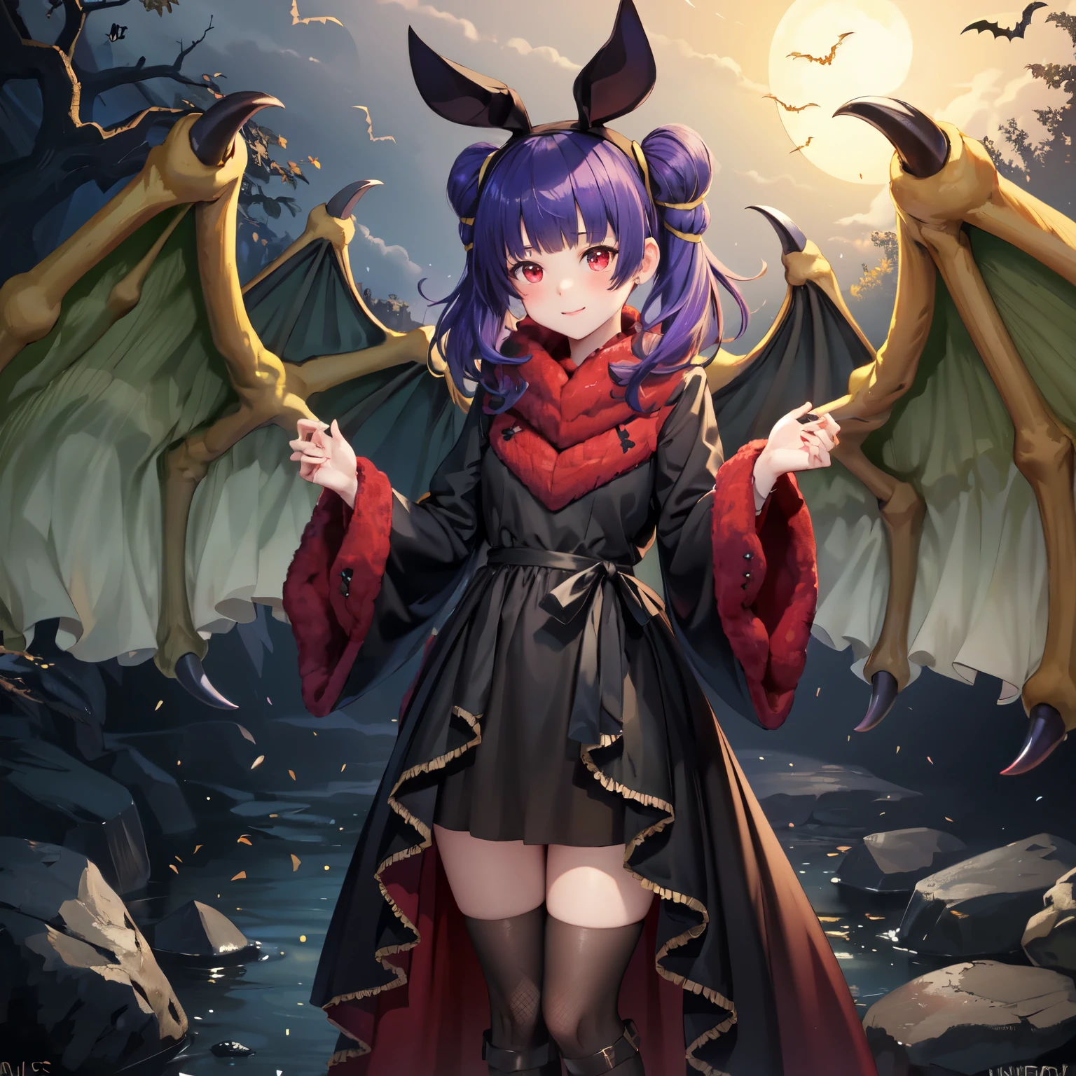 masterpiece, best quality, absurdres, 1girl, standing ,light smile, multi-tied hair, red eyes, blush, myrrh_fe_halloween, halloween, hairband, fur trim, bat ears, dragon wings, 