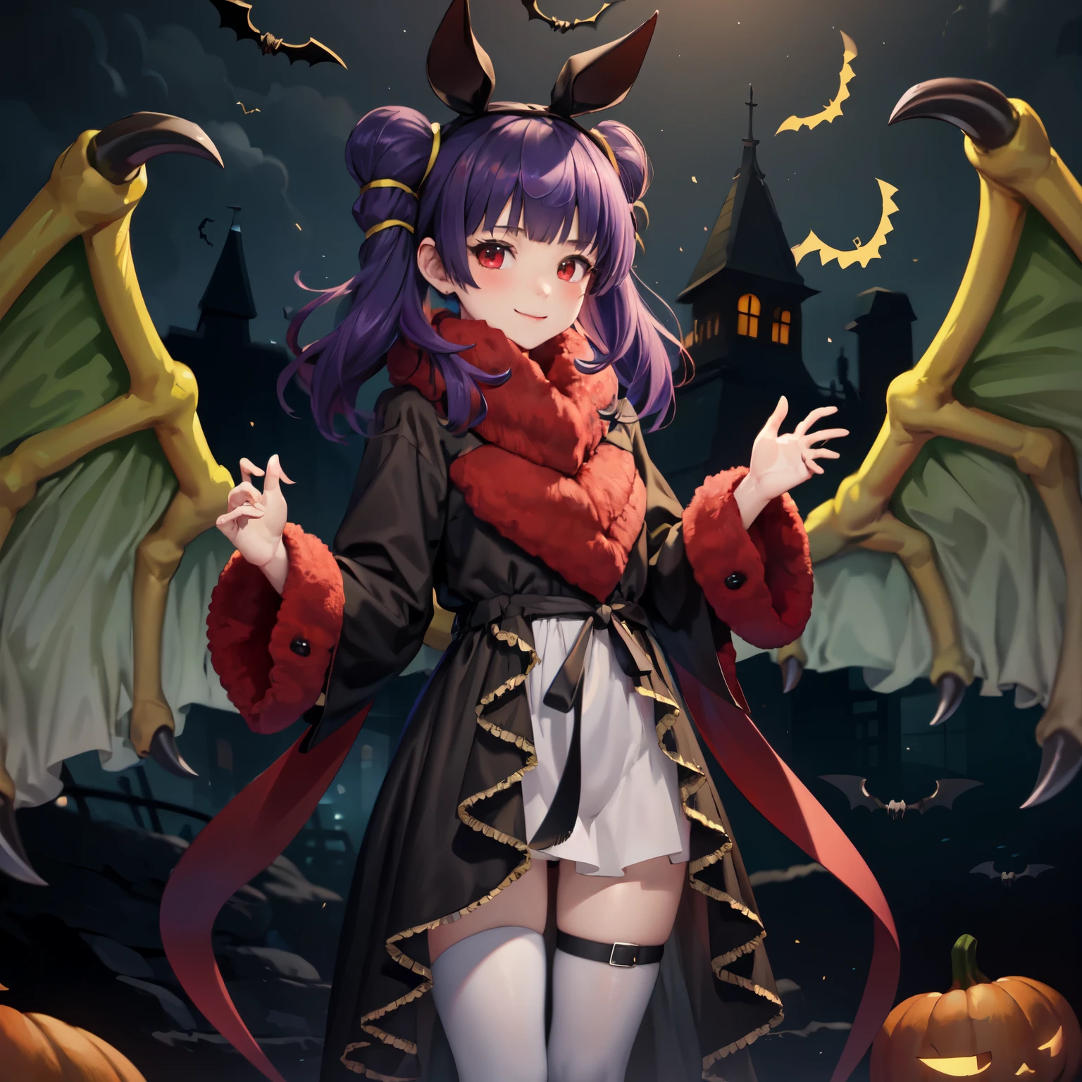 masterpiece, best quality, absurdres, 1girl, standing ,light smile, multi-tied hair, red eyes, blush, myrrh_fe_halloween, halloween, hairband, fur trim, bat ears, dragon wings, 