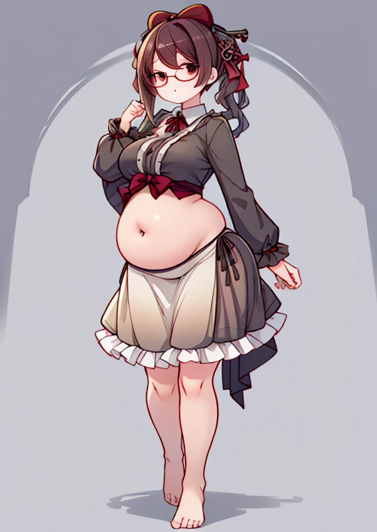 (masterpiece, best quality, highly detailed), 1girls, big belly, blurry background, huge belly, art by kipteitei, round belly, chubby, curvy, simple_background, gradient_background, belly grab, enormous belly, fat belly, thicc, bigger belly, really big belly, jiggly belly, shirt covering belly, belly cover by shirt, glasses, barefoot, ((****ta)), ((full body)), long hair