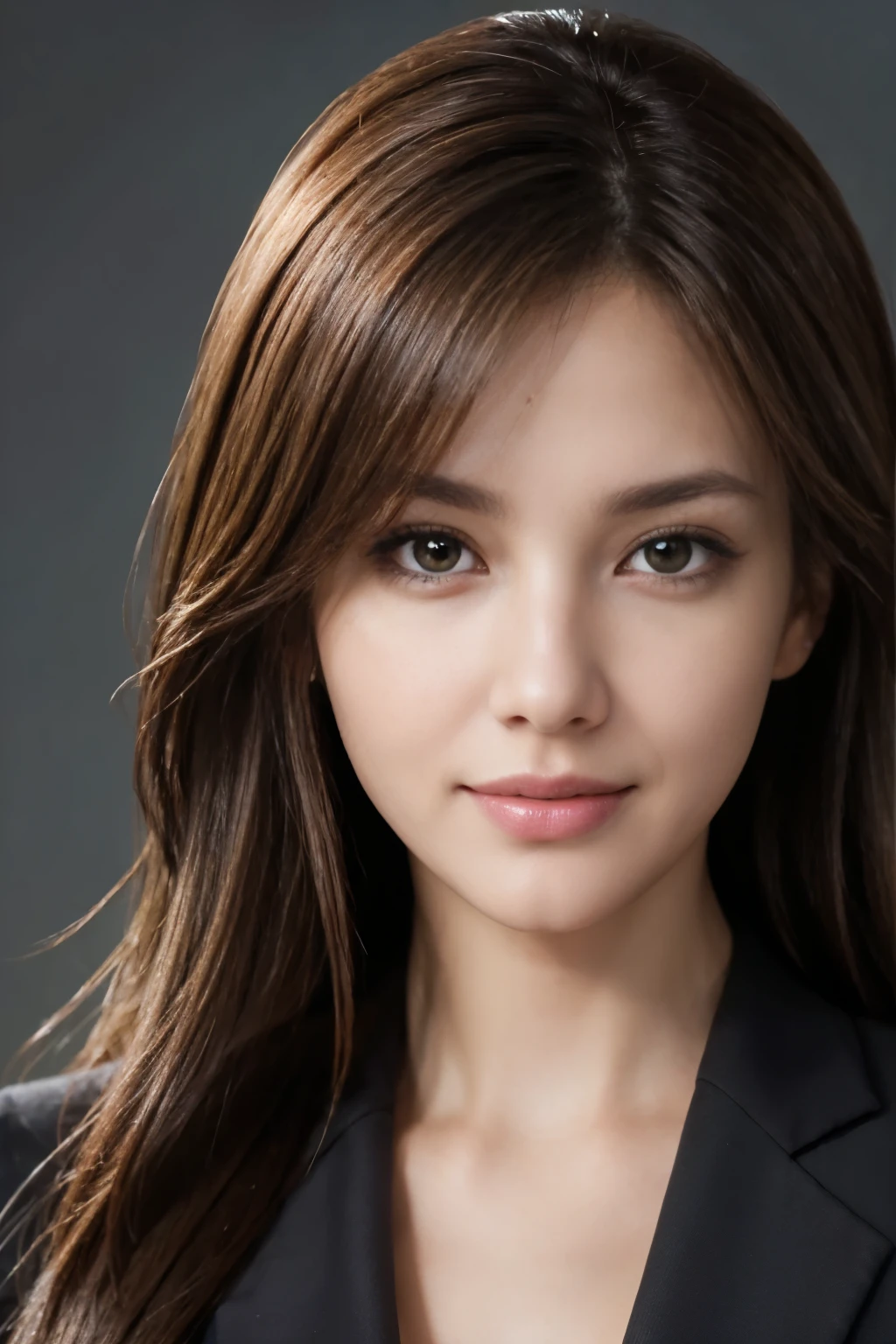 table top, highest quality, realistic, Super detailed, finely, High resolution, 8k wallpaper, 1 beautiful woman,, light brown messy hair, wearing a business suit, sharp focus, perfect dynamic composition, beautiful and detailed eyes, thin hair, Detailed realistic skin texture, smile, close-up portrait, model body shape