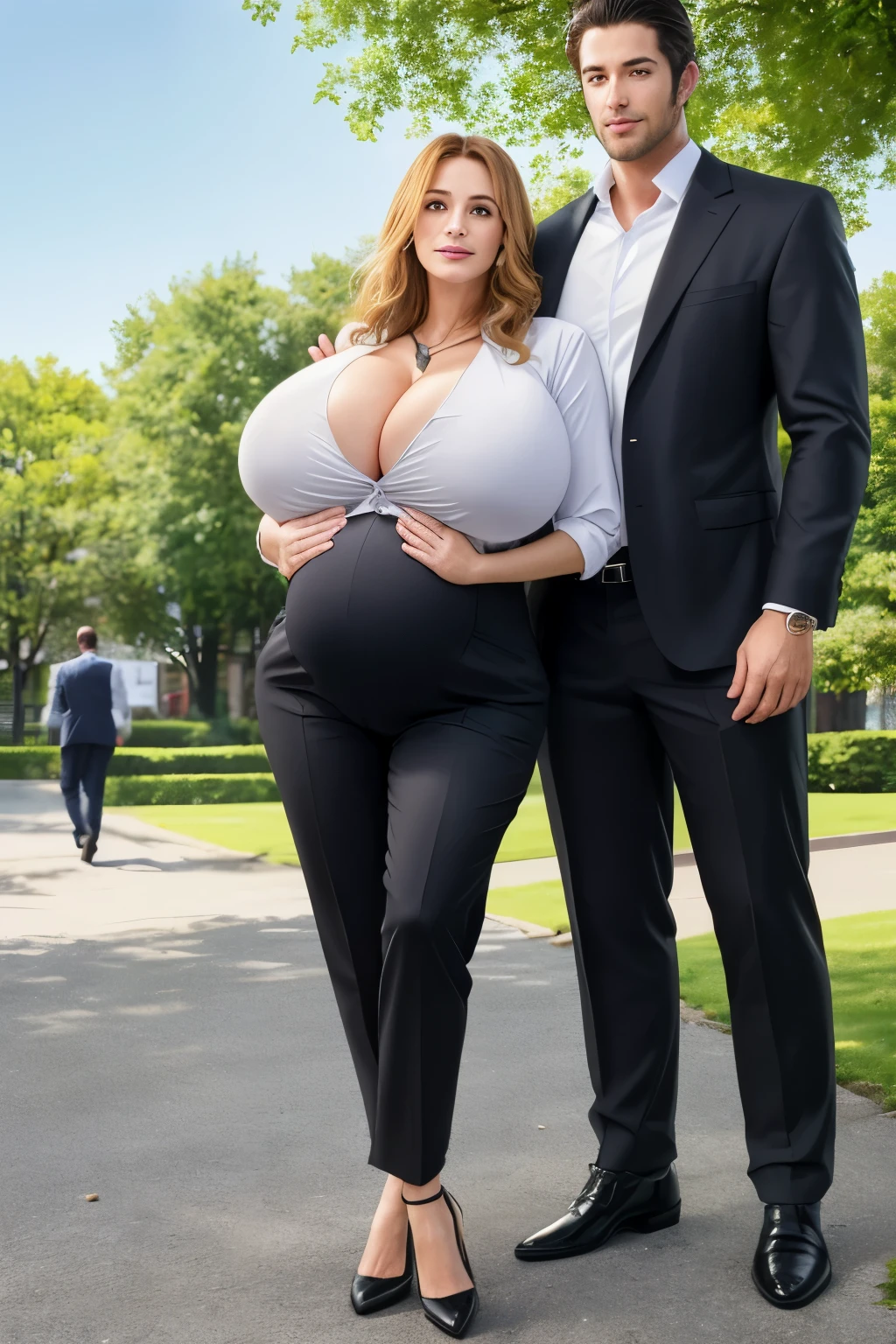 Very high quality picture, Attractive woman, 30years old, ((very gigantic breasts:1.5)), face like Julia Roberts, pregnant belly, wide hips, long wavy hair, ((business blouse)), business trousers, high heels, in the park, ((devotedly kissing a handsome man)), it‘s summer time, the sun is shining