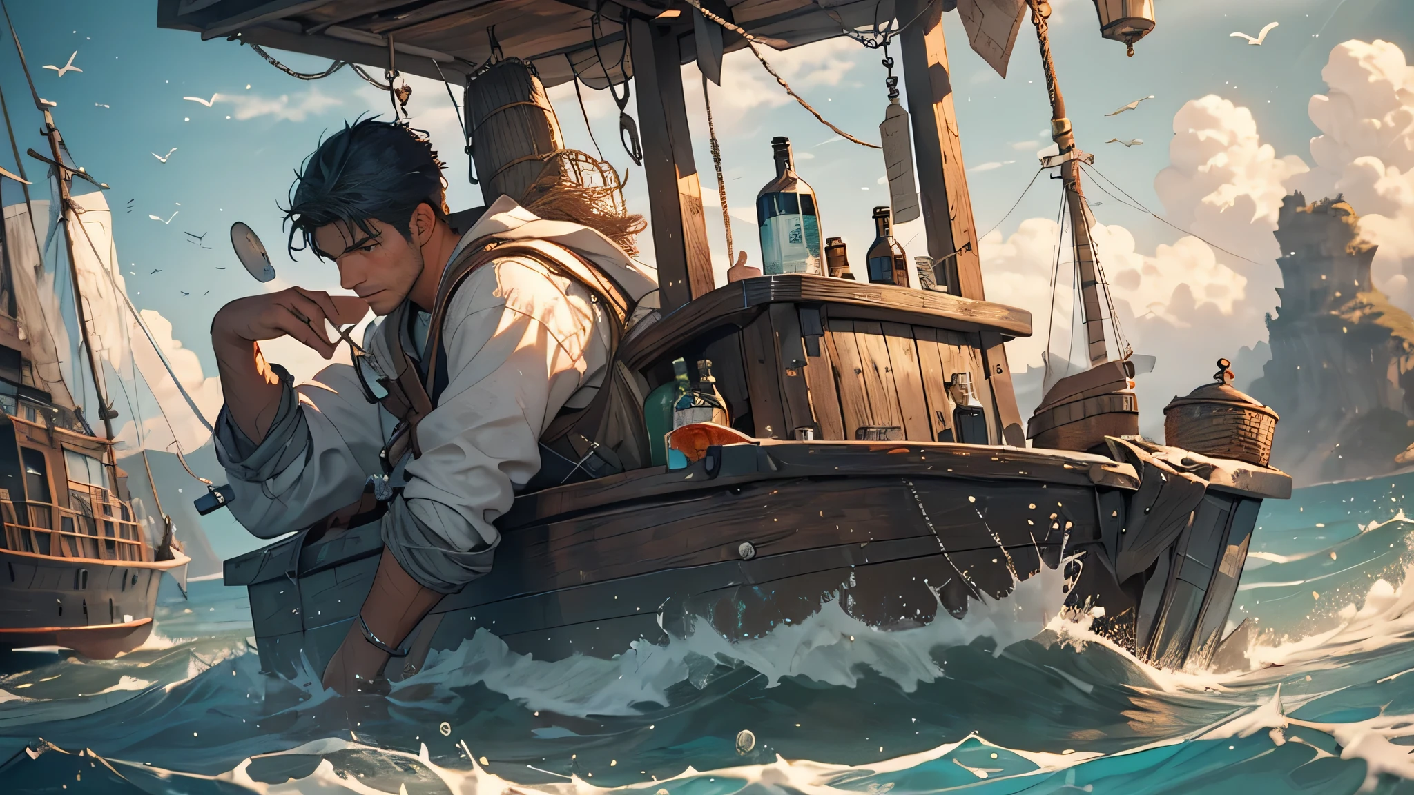 A 20-year-old black-haired male fisherman in shabby white clothes, on a small fishing boat, discovering a message in a bottle, close-up on bottle and face, medieval fantasy theme, rugged texture, dramatic lighting, detailed facial expression, ocean backdrop
