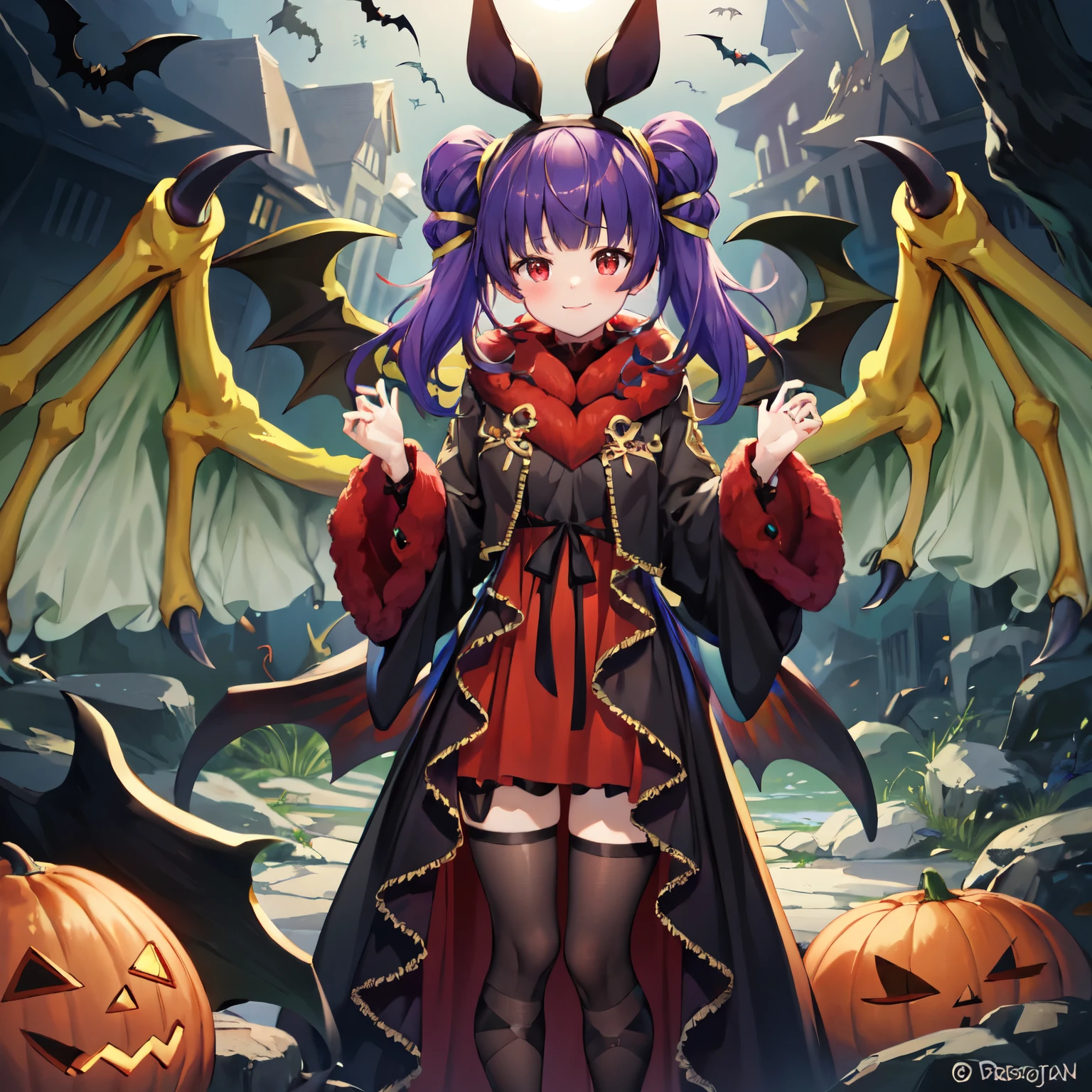 masterpiece, best quality, absurdres, 1girl, standing ,light smile, multi-tied hair, red eyes, blush, myrrh_fe_halloween, halloween, hairband, fur trim, bat ears, dragon wings, 