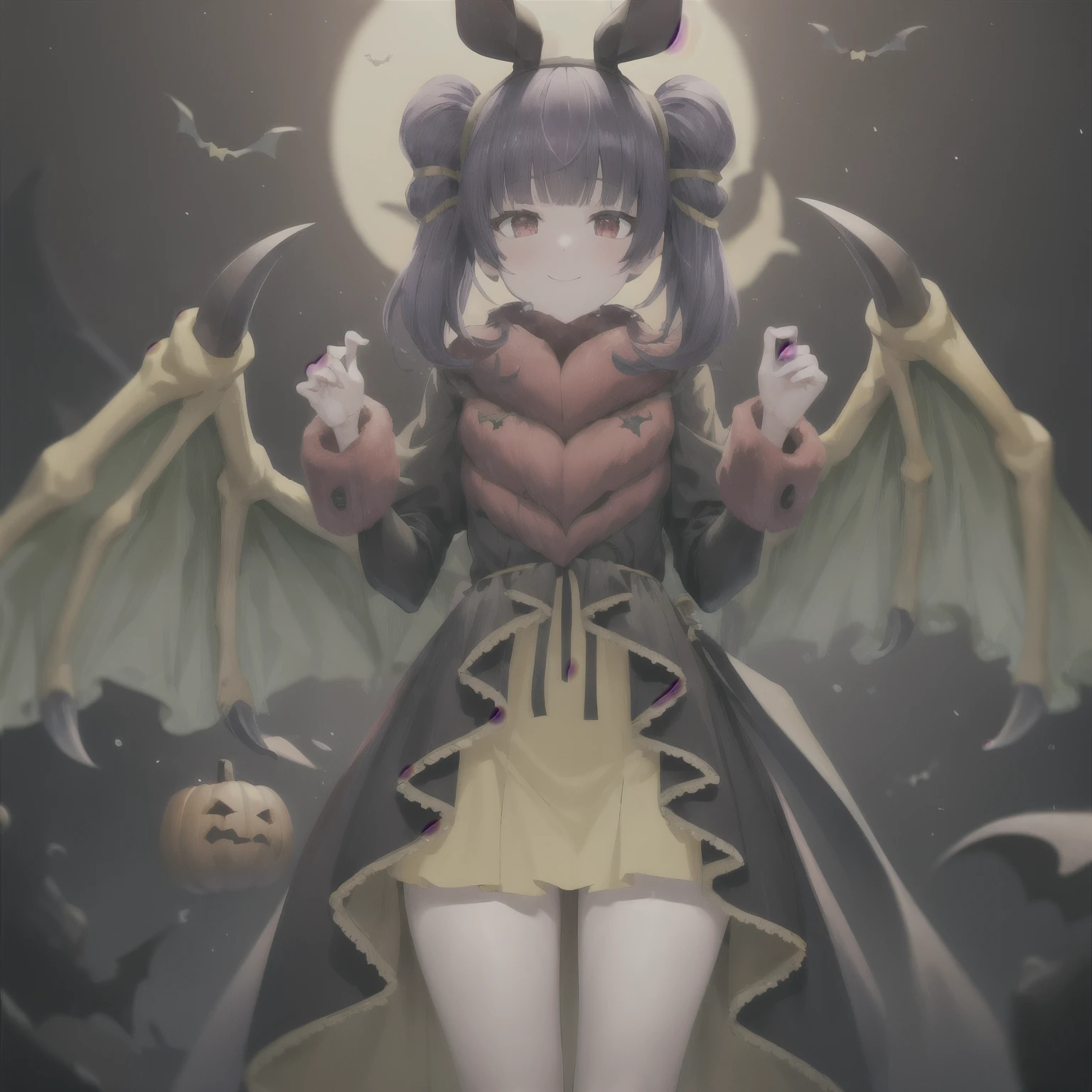 masterpiece, best quality, absurdres, 1girl, standing ,light smile, multi-tied hair, red eyes, blush, myrrh_fe_halloween, halloween, hairband, fur trim, bat ears, dragon wings, 