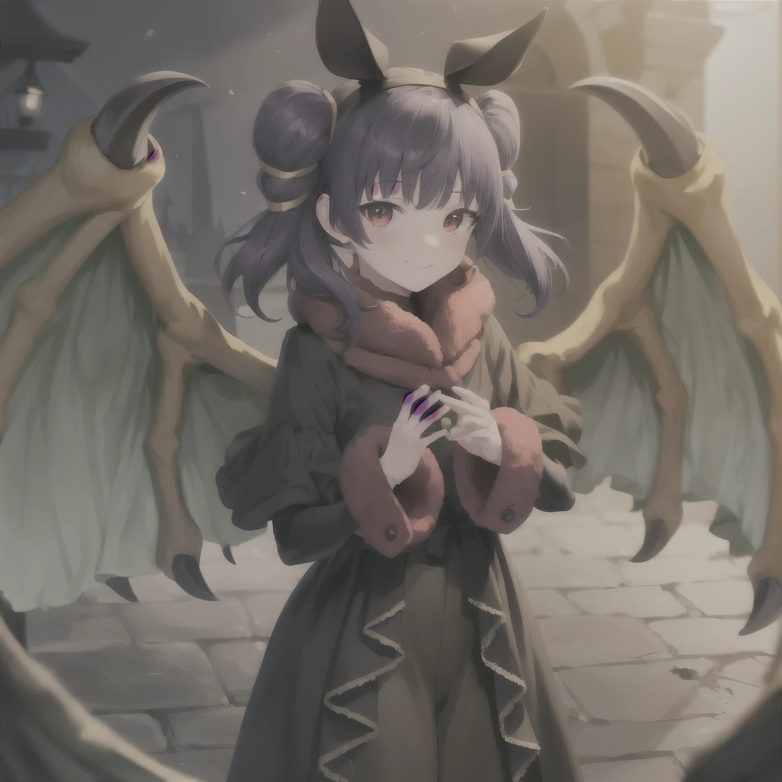 masterpiece, best quality, absurdres, 1girl, standing ,light smile, multi-tied hair, red eyes, blush, myrrh_fe_halloween, halloween, hairband, fur trim, bat ears, dragon wings, 