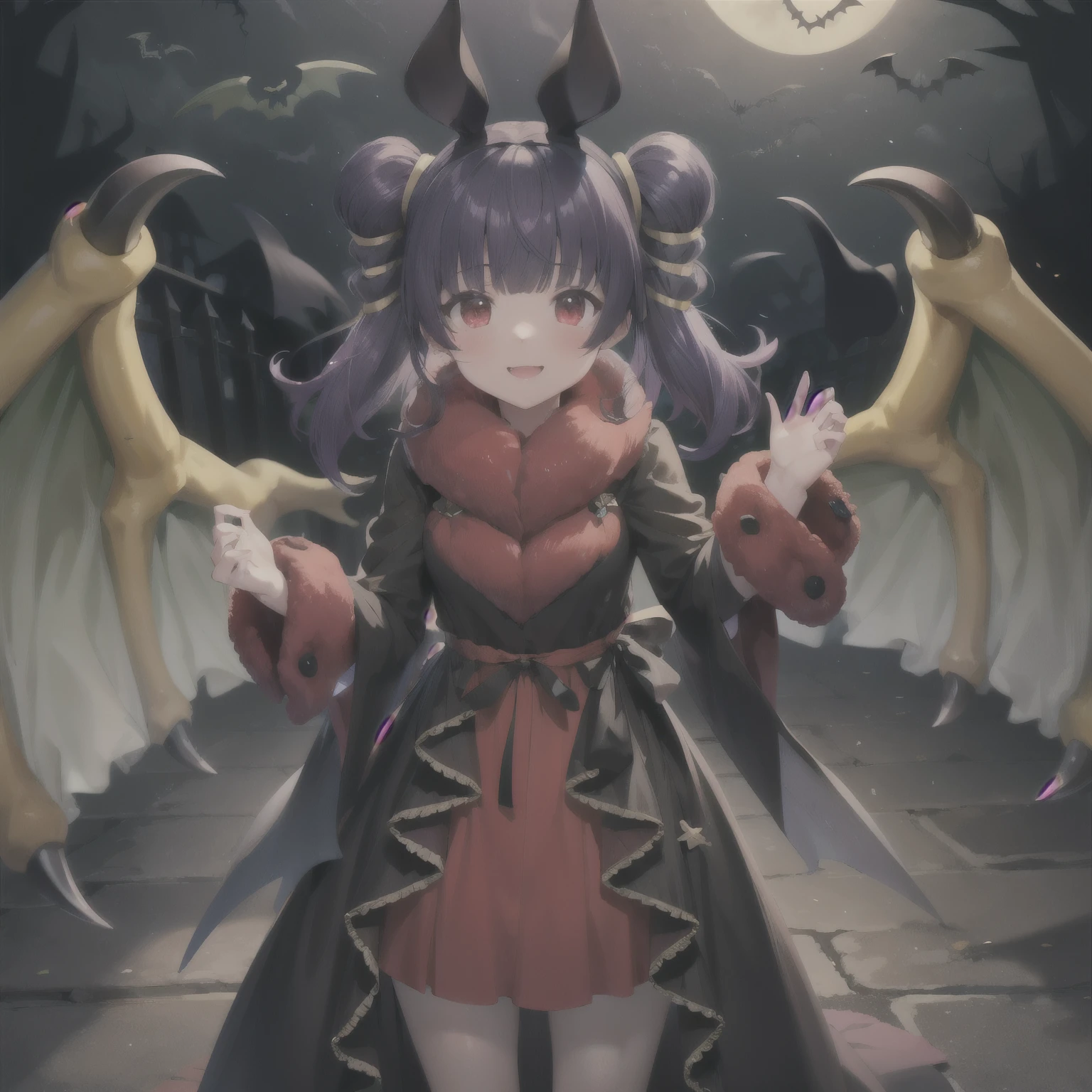 masterpiece, best quality, absurdres, 1girl, standing ,light smile, multi-tied hair, red eyes, blush, myrrh_fe_halloween, halloween, hairband, fur trim, bat ears, dragon wings, 