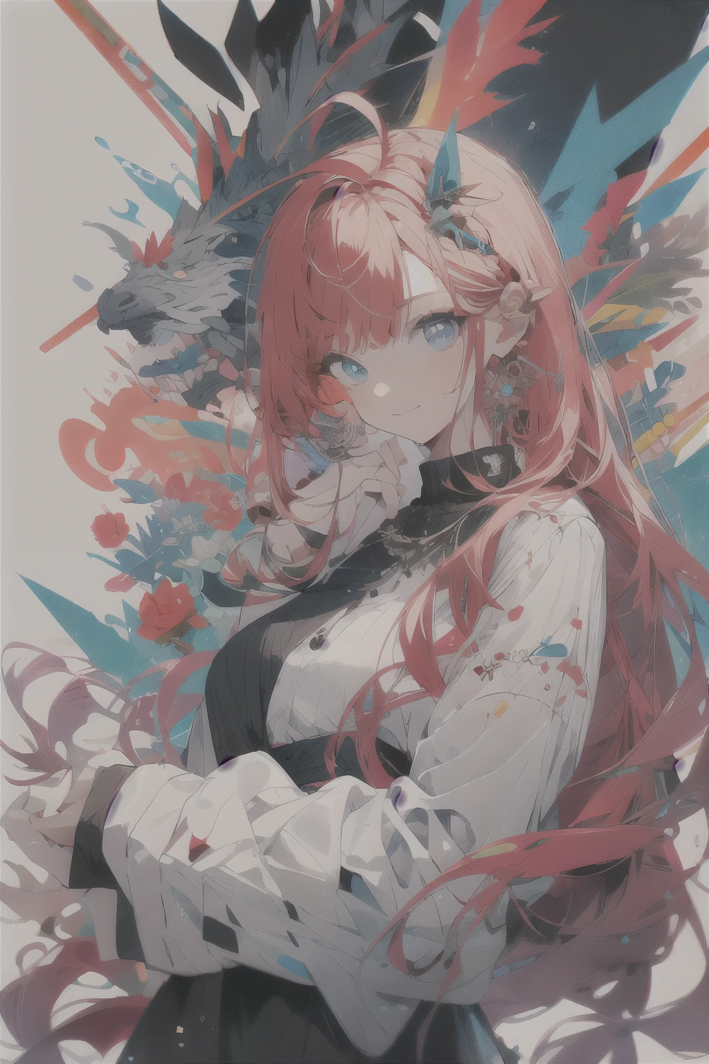 , (masterpiece:1.2), highest quality,The middle of a journey,
1 girl, alone, long hair, gray hair, looking at the viewer, long sleeve, black dress, dress, Put your own hands together, Ahoge, very long hair, shirt, bangs, redhead, hair ornaments, heterochromia, multicoloredhead, pointed ears, purple eyes, white background, white shirt, closed mouth