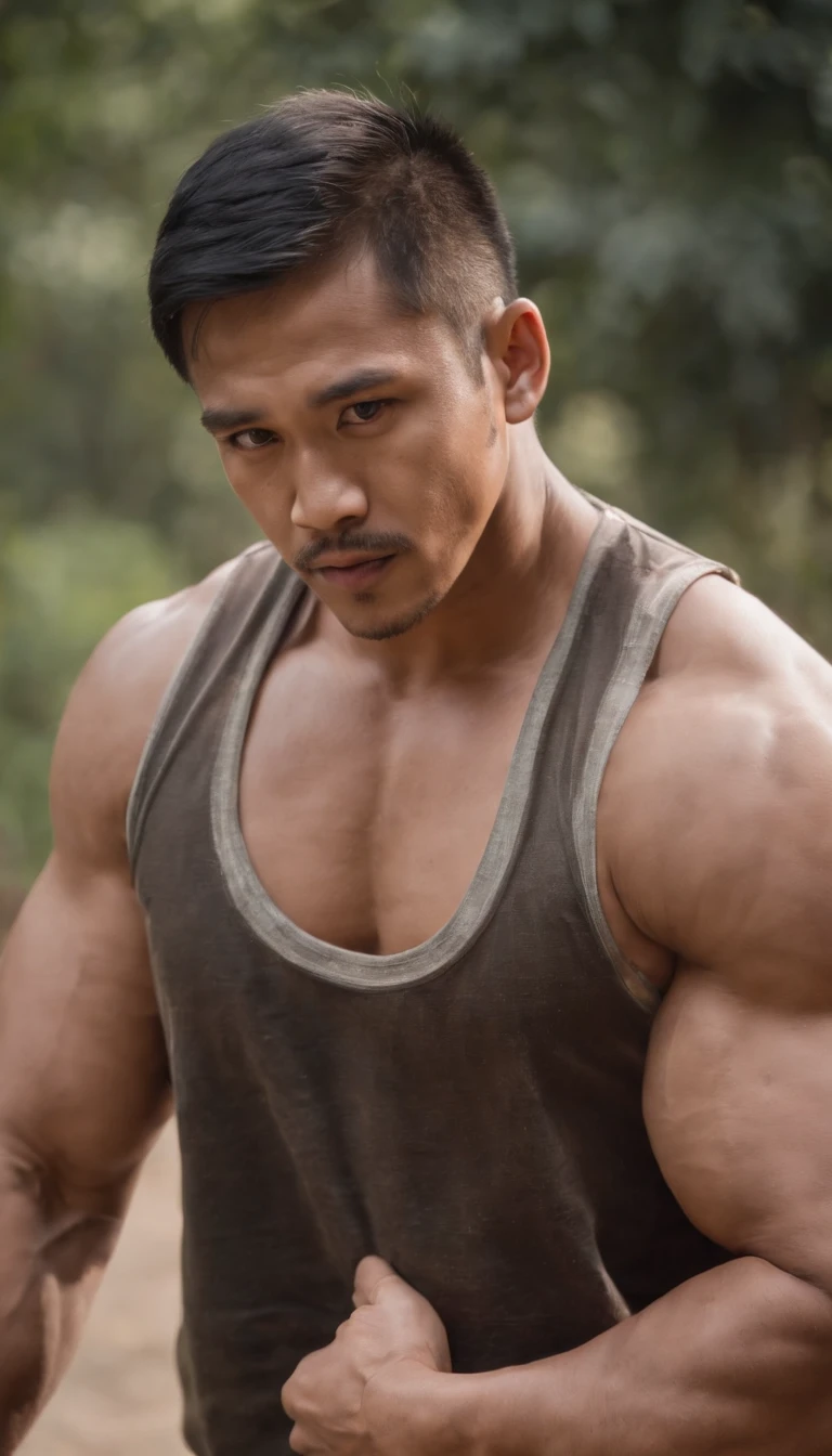 Indonesian man gymer wearing full vest , big muscle, height 190 cm, big shoulder, big muscle foot, (draww eye detail), (realestic)