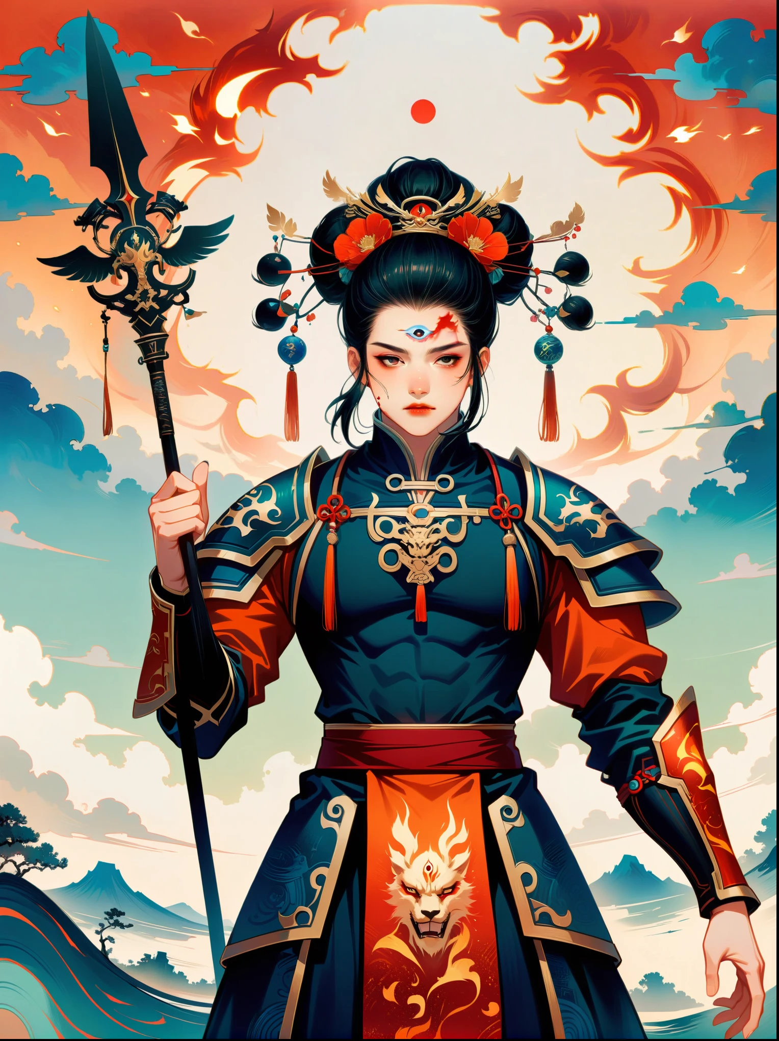 1 boy，Blood stained all over his face，anger，holding a spear，（fly），Chinese mythology，cloudy day，Meticulous skies，Abstract background，（Flame Surge Style：0.5），demonic third eye，hair scrunchie，with ponytail，wearing armor，Strong body，tall and big，Spear in hand，The body is suspended in the airst-person view, masterpiece, ccurate, anatomically correct, high details, best quality, 8k)