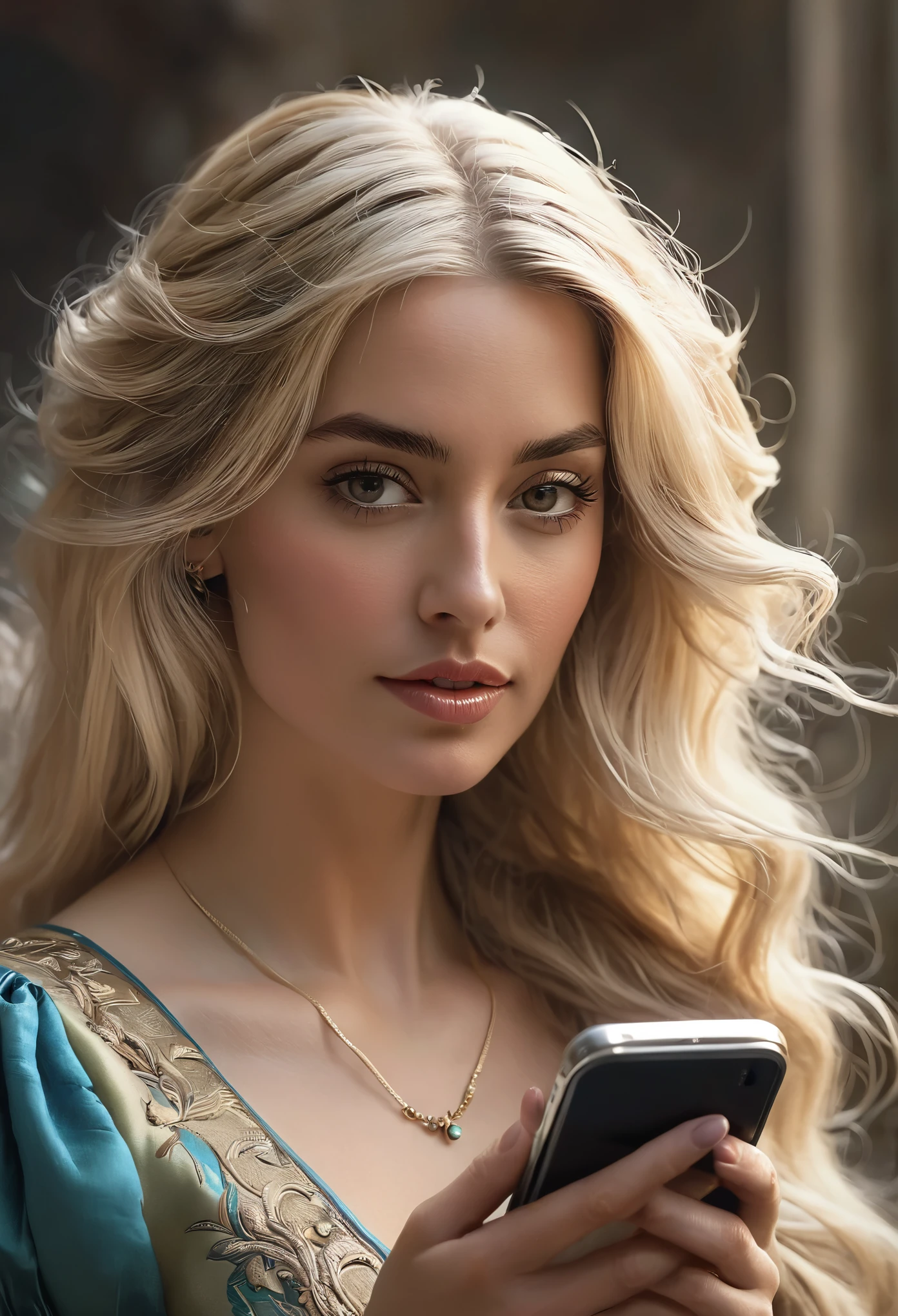 Close-up of a woman with long blond hair holding a mobile phone, Inspired by Magalie Villeneuve, fantasy art portrait, fantasy portrait art, detailed matte fantasy portrait, Alice x. open, fantasy portrait, epic fantasy art portrait, beautiful fantasy art portrait, Magalie Villeneuve, Graphic artist Magalivilleneuve, fantasy type portrait, Epic fantasy digital art style
