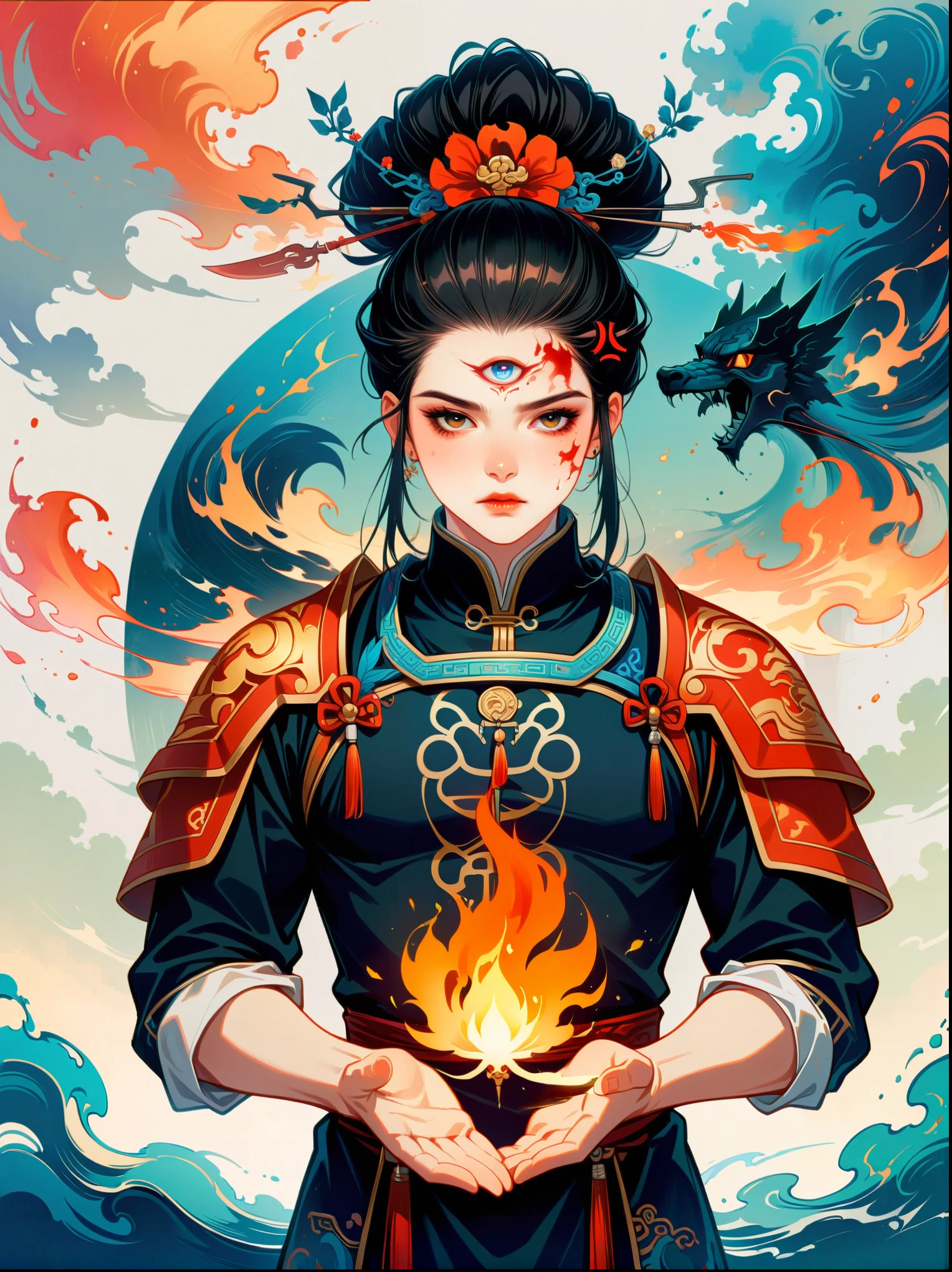 1 boy,Blood stained all over his face,anger,holding a spear,(fly),Chinese mythology,cloudy day,Meticulous skies,Abstract background,(Flame Surge Style:0.5),demonic third eye,hair scrunchie,with ponytail,wearing armor,Strong body,tall and big,Spear in hand,The body is suspended in the airst-person view, masterpiece, ccurate, anatomically correct, high details, best quality, 8k)