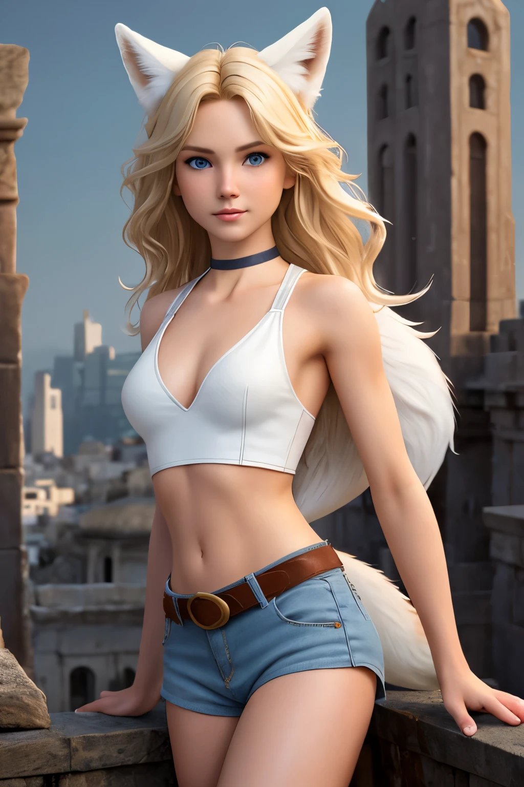 close up 1girl in, teenager, Solo, Aesthetic artwork, blond, straight blonde hair, super long blonde hair, light blue eyes,  some small freckles, pale skin, small breasts, cleavage, runners body, (thin hips, thin waist: 1.25), detailed skin, neutral face, mischievous smile, (action shot, hero pose:1.3), wearing a choker with a bell, wearing a belt knife, (wearing brown leather halter top and short shorts with armor:1.1), (white fox ear, white fox tail:1.25), (full body: 1.1), very detailed city roof background, rooftop, overlooking ancient Greek city, 24mm, 4k textures, soft cinematic light, RAW intricate, elegant, highly detailed, sharp focus, ((((cinematic look)))), soothing tones, insane details, intricate details, hyperdetailed, low contrast, soft cinematic light, dim colors, exposure blend, hdr, faded