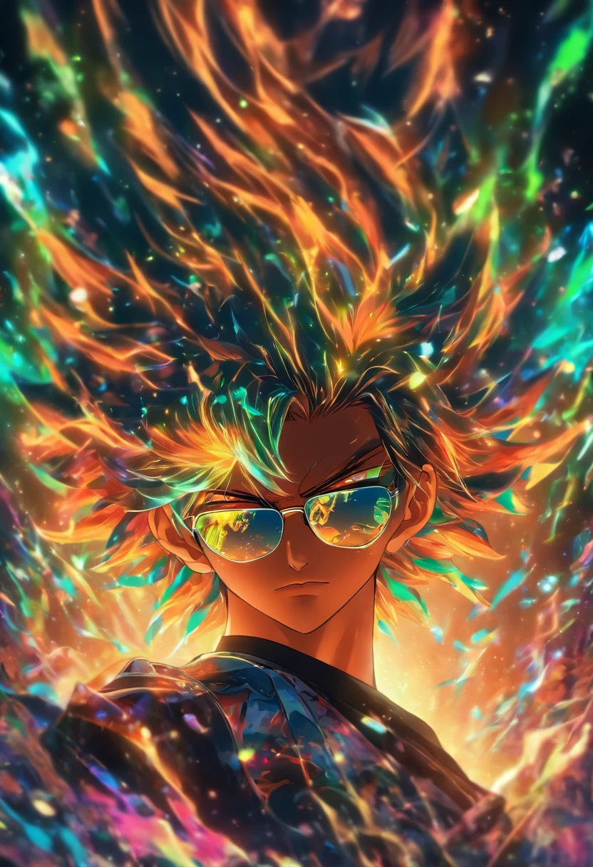 Uma paisagem esverdeado, uma desenho,um homem, cabelo preto, sunglasses, estilo nft.