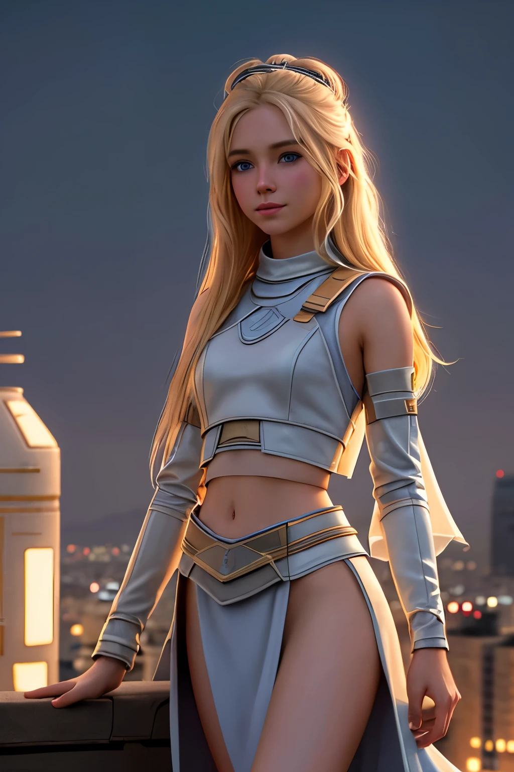 close up 1girl in, Solo, Aesthetic artwork, blond, straight blonde hair, super long blonde hair, light blue eyes, some small freckles, pale skin, A-cup, small breasts, runners body, (thin hips, thin waist: 1.25), detailed skin, shy smile, (standing at attention: 1.25), wearing brown leather Jedi armor, Star Wars Jedi costume, very detailed city roof background, rooftop, overlooking the city, death Star in the sky, 50mm, 4k textures, soft cinematic light, RAW intricate, elegant, highly detailed, sharp focus, ((((cinematic look)))), soothing tones, insane details, intricate details, hyperdetailed, low contrast, soft cinematic light, dim colors, exposure blend, hdr, faded