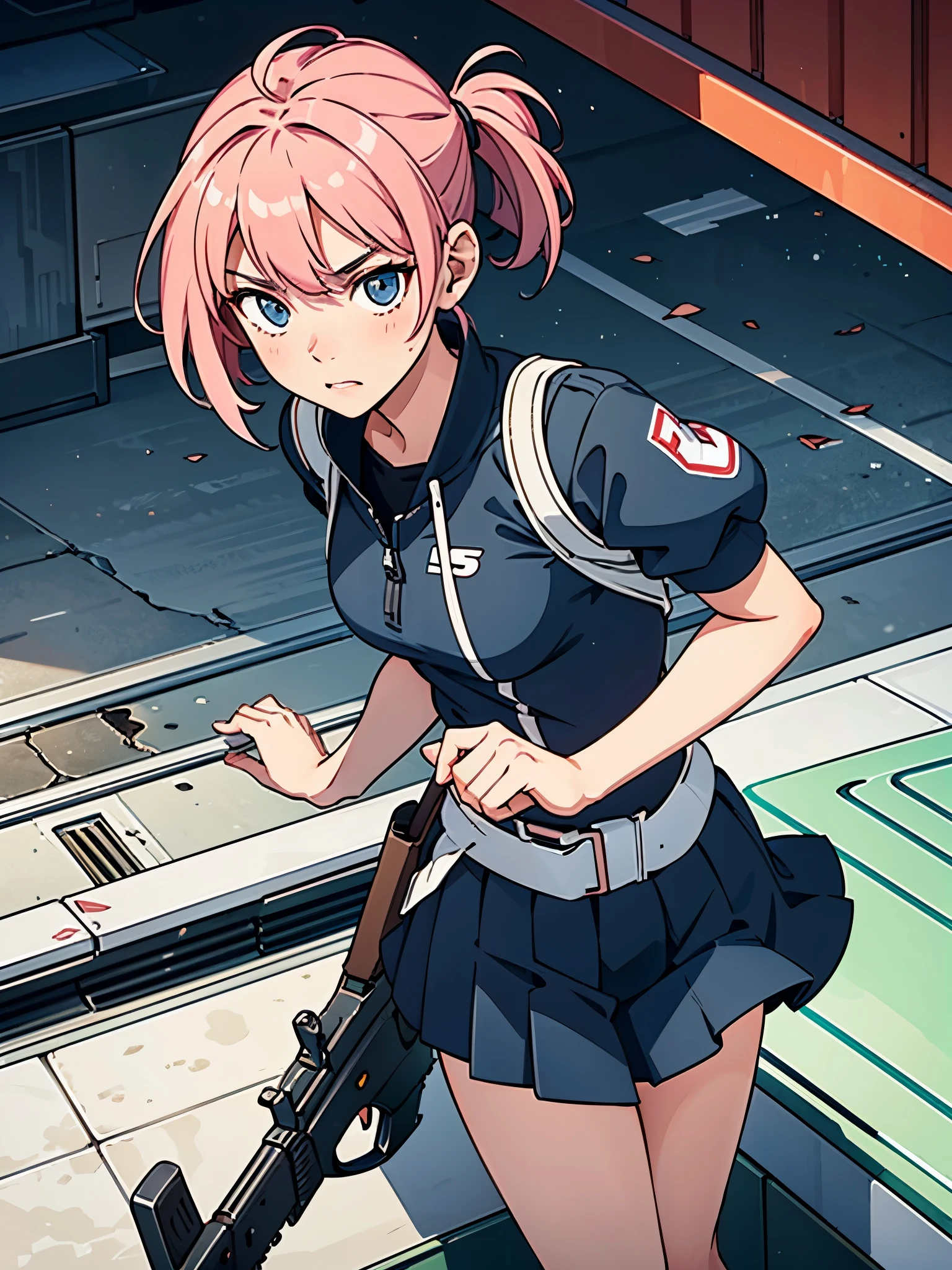 (((pixel-perfect, detail-perfect))), 1girl, solo, solo focus, using assault rifle, determined expression, high school student, short pink hair, urban rooftop setting, smoggy, intense
