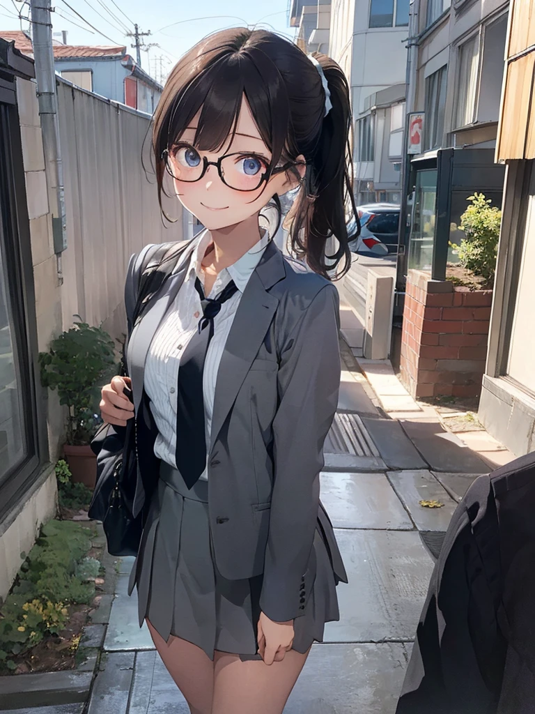(masterpiece:1.2, top quality), (actual, photoactual:1.4), Beautiful illustration, (natural side lighting, movie lighting), National Science Foundation, 
looking at the audience, Cowboy shooting, Front view:0.6, 1 girl, Japanese, teacher, perfect face, cute symmetrical face, shiny skin, 
(long hair:1.2, ponytail:1.2, forehead, side lock, brown hair), blue eyes, Eyelash extension tool, (Big breasts:0.8), 
beautiful hair, pretty face, Beautiful and delicate eyes, Beautiful collarbone, Beautiful body, Beautiful, beautiful thighs, beautiful legs, beautiful fingers, 
((Detailed cloth texture, (Dark grey suit jacket), white collar shirt, Dark grey tight skirt, High heel), Traveler&#39;s glasses), 
(Beautiful scenery), night, riverside, permanent, There is a binding file, (beautiful, Smile, Upper eyes), 