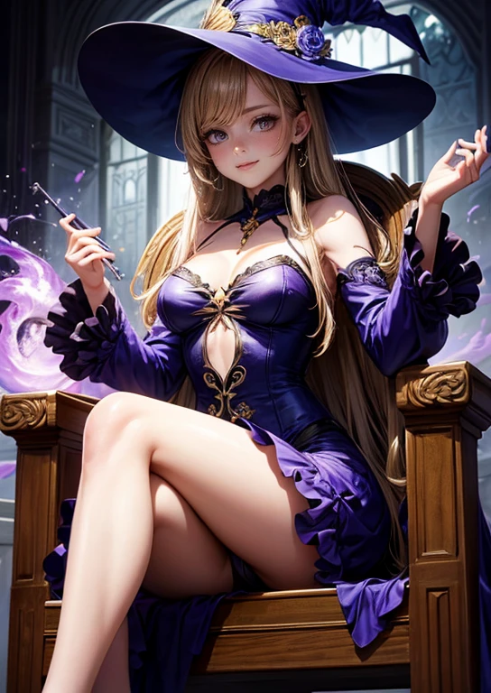 "Crea una imagen detallada en estilo anime, with full 8k resolution, de una joven bruja. Esta bruja, characterized by her long brown hair that flows gracefully, debe estar retratada de cuerpo entero. Sus ojos, grandes y de forma almendrada, deben resplandecer con un tono dorado intenso, capturing the viewer's attention with a penetrating and playful gaze. La joven debe vestir un amplio sombrero de bruja, que se alza majestuosamente sobre su cabeza, complementing her outfit of a vibrant purple dress that accentuates her figure as she sits elegantly in a chair. The position of your legs, cruzadas o de otra manera elegante, along with high stockings and high heels, They add a touch of sophistication to your appearance. Su sonrisa, ligeramente maliciosa, debe sugerir una travesura inminente o un secreto guardado. El ambiente alrededor de la bruja puede incluir elementos sutiles de magia, like flashes of light or little magical creatures, that enrich the atmosphere without distracting from the central figure. This image should capture not only the beauty and unique style of the witch, but also its enigmatic and charming character."