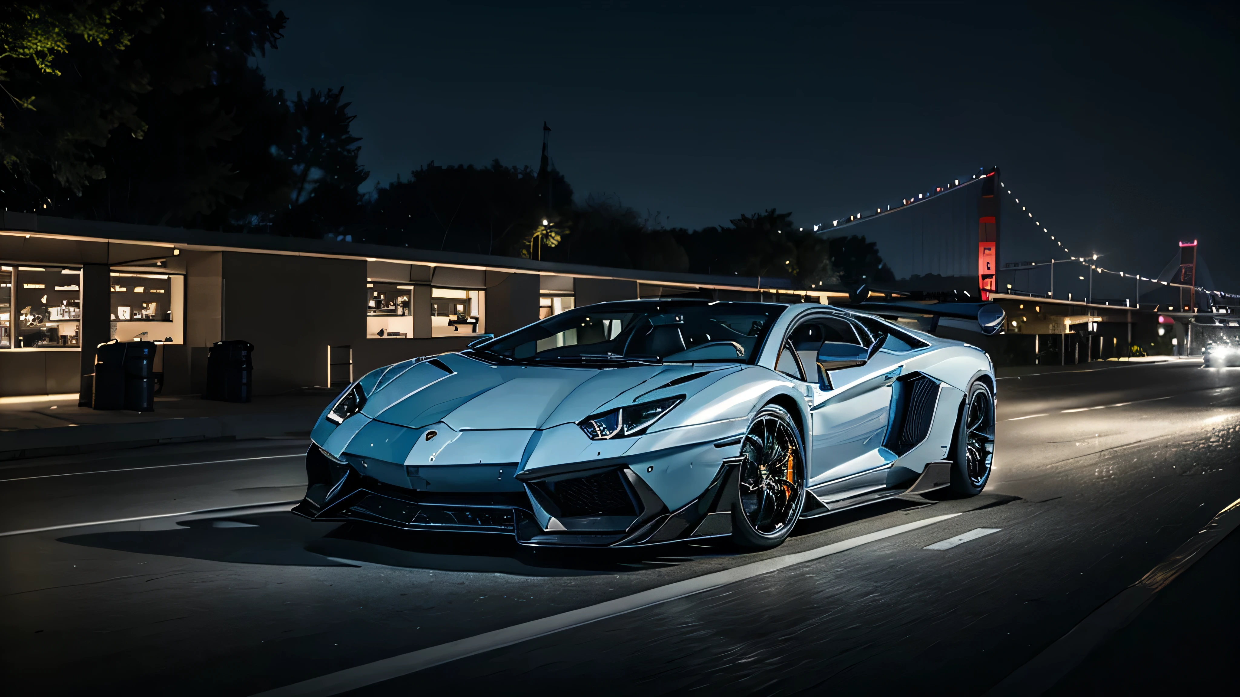 (best quality, realistic, very detailed) Sport Lamborghini aventador drifting with no plate number, cinematic view at night time