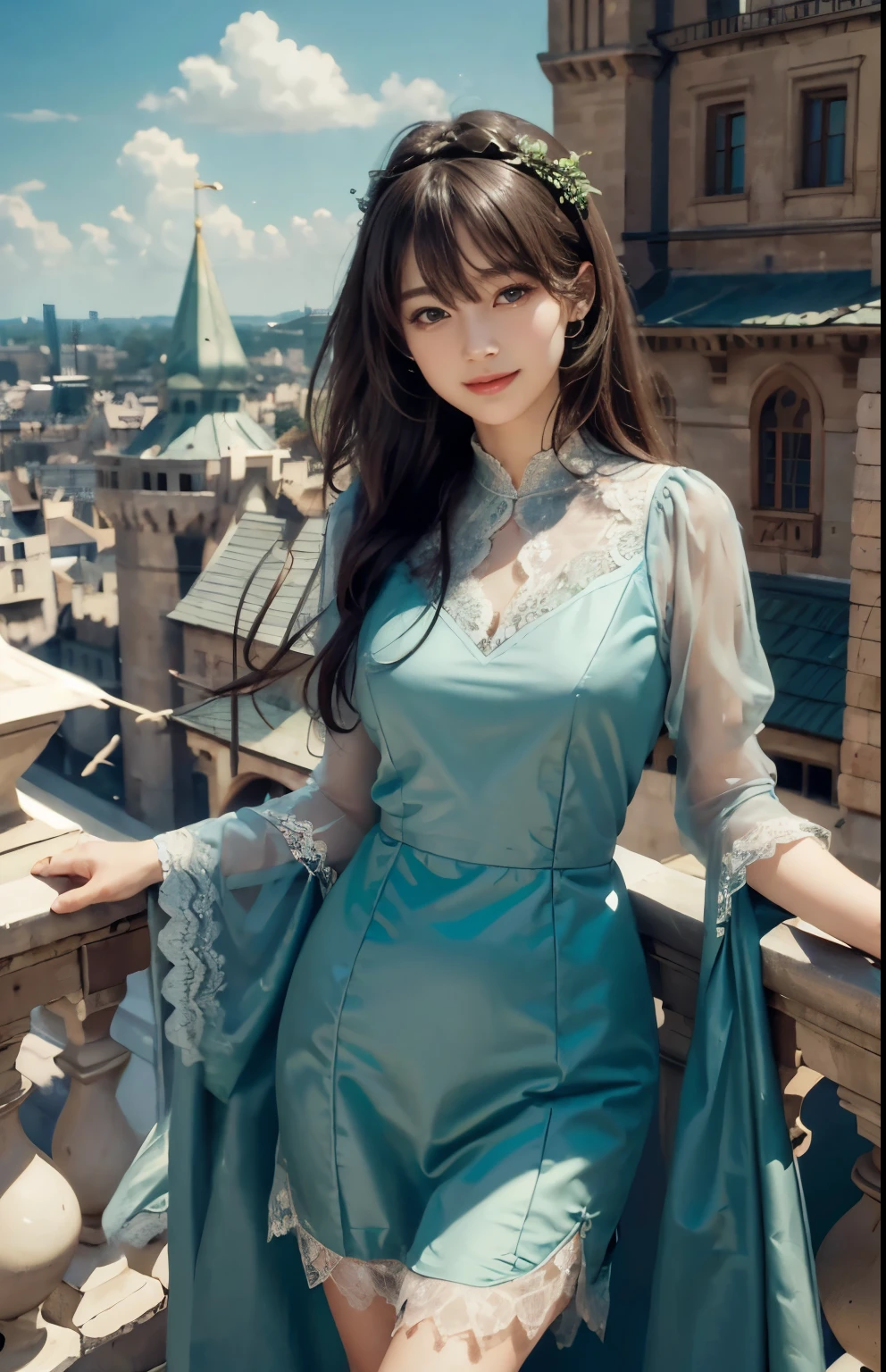 (Surrealism)、(Enlightenment)、(high resolution)、(8K)、(Best Illustration)、(The eye details are exquisite)、(top quality)、(Super detailed)、(masterpiece)、(wallpaper)、(a delicate face)、alone、looking at the audience、a delicate face、purebred face_v1、a smile、 long hair、plump breasts、46 points oblique bangs、((green lace dress))、((Beautiful woman standing on the balcony of the castle))