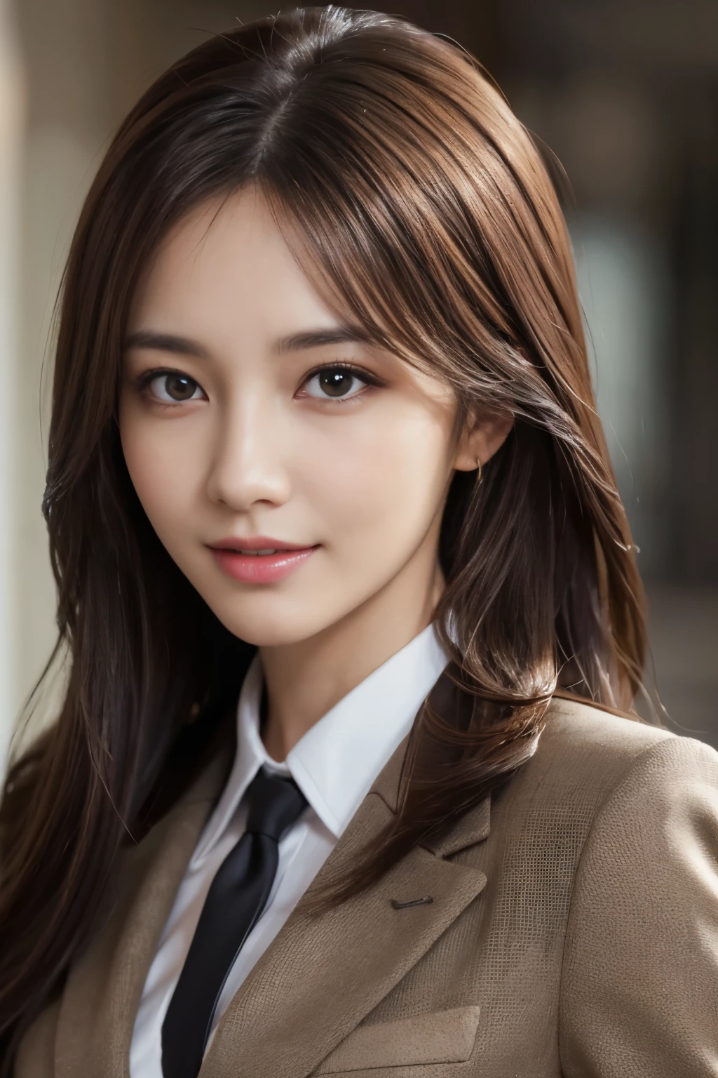 table top, highest quality, realistic, Super detailed, finely, High resolution, 8k wallpaper, 1 beautiful woman,, light brown messy hair, wearing a business suit, sharp focus, perfect dynamic composition, beautiful and detailed eyes, thin hair, Detailed realistic skin texture, smile, close-up portrait, model body shape