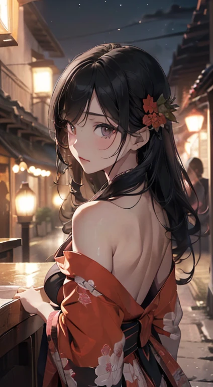 (((Extremely detailed CG unit 8k wallpaper, Masterpiece, ultra high resolution:1.2, top quality:1.2, on the table))), ((Very beautiful lady, no underwear, small:1.6, standing, Turn your butt toward the audience, immerse in water, sad expression)), ((The facial details are particularly rich, Highly detailed dark eyes, Extra detailed body, High quality real texture skin)), (A black-haired one, light pink eyeshadow:1.2, white skinned, Sexy black and red kimono:1.2, Off the shoulders, exposed buttocks, bare shoulders, exposed thighs), ((outdoor, night:1.8, lantern)), Surreal, Digital painting,