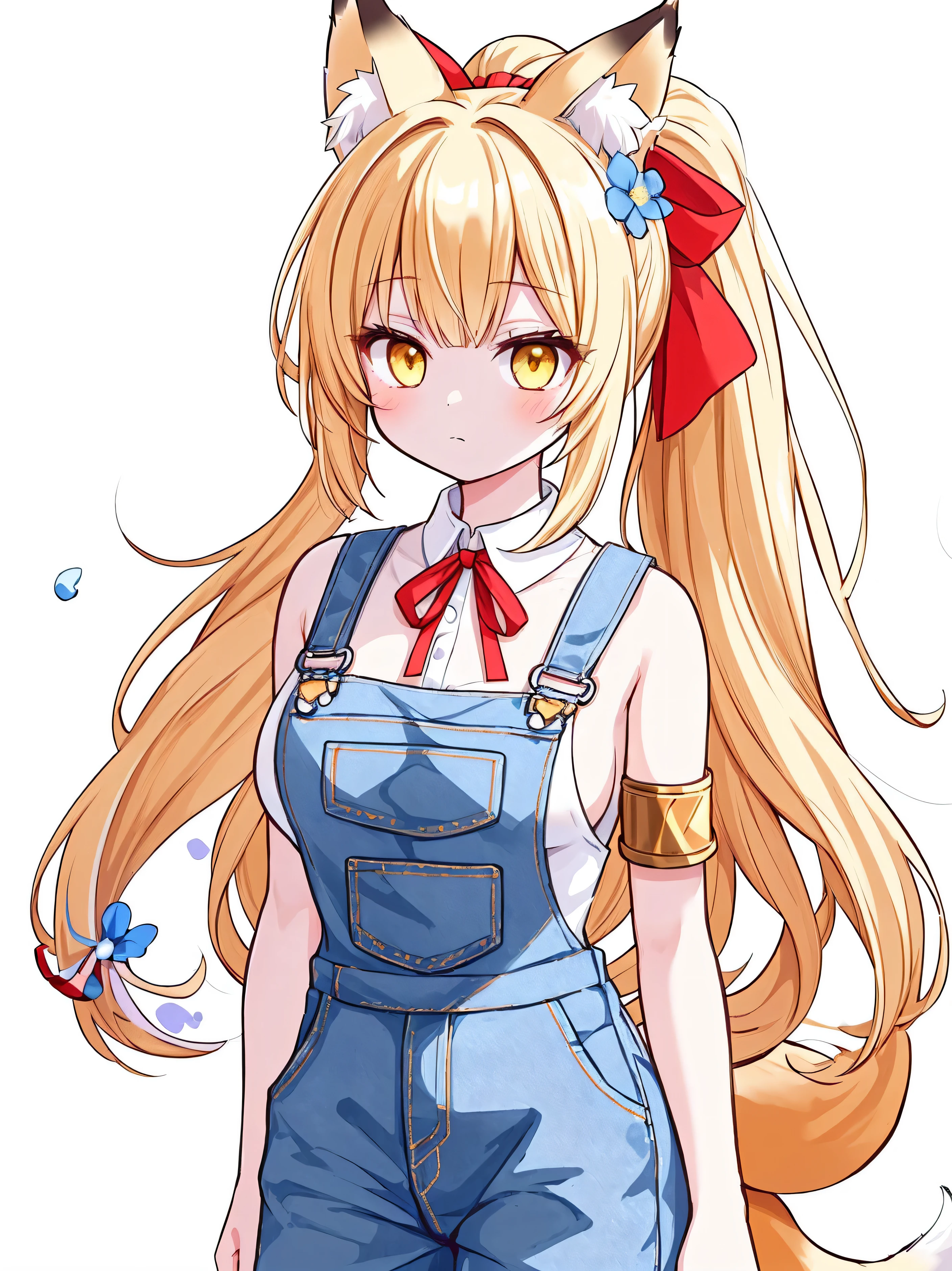 masterpiece, top quality, super detailed, CG illustration, high resolution, better lighting, best shadows, very delicate and beautiful, proper shading, hd, 8k,1girl, solo, long hair, breasts, looking at viewer, bangs, blonde hair, simple background, shirt, hair ornament, white background, ribbon, animal ears, bare shoulders, medium breasts, closed mouth, hair ribbon, yellow eyes, white shirt, ponytail, flower, multicolored hair, cowboy shot, sleeveless, hair flower, red ribbon, animal ear fluff, fox ears, hair intakes, denim, armlet, blue flower, overalls