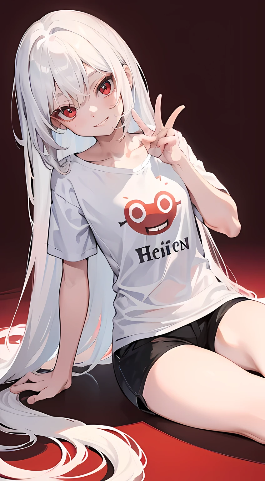 ((Masterpiece)), ((High detail)), 1girl, ((Very detailed)),((Delicate face)), Beautiful detailed eyes, doff Red eyes, Gradient hair,Hair between the eyes,White hair, long hair,Red eyes,com.genshin_influence,pool wallpaper, Acquaintance, Smiley face,((happy face)),((Hello)), Character design, Full body, deep Red eyes,((ridiculous)), 4 position, Shorts, Home t-shirt,((Flat chest)),