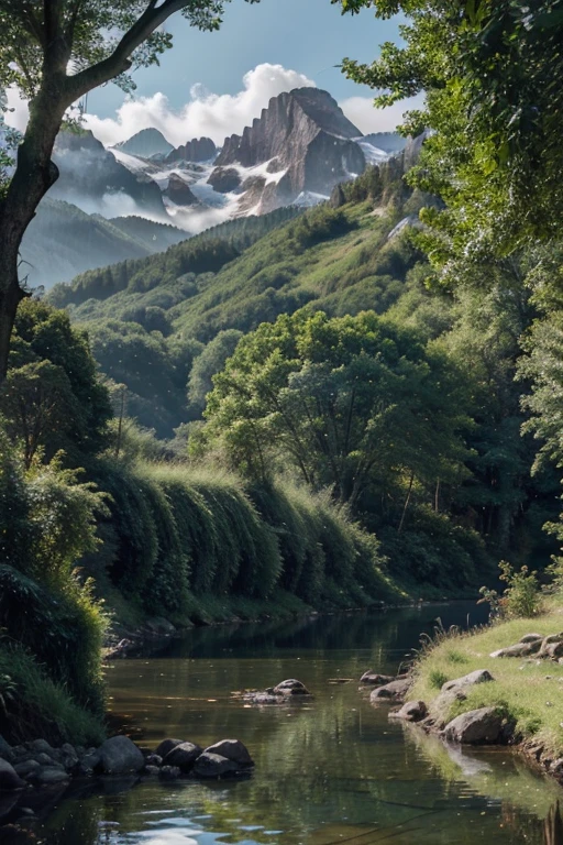 An exquisitely crafted masterpiece of digital art, this highly detailed landscape captures the breathtaking beauty of a tranquil valley. The award-winning image showcases a vibrant and immersive scenery, meticulously rendered with the finest quality and utmost precision. With its stunning 4K resolution, this captivating artwork transports viewers to a world where nature reigns supreme. The scene unfolds before our eyes, revealing a picturesque valley adorned with an emerald lake nestled amidst a lush forest. The majestic mountains that guard the valley rise gracefully, their peaks reaching for the heavens. The verdant canopy of trees, ethereal and twisted, adds an otherworldly charm to the landscape, as if plucked straight from a fairy tale. The diorama-like macro photography showcases every minute detail with.And there's a boat with people on it.