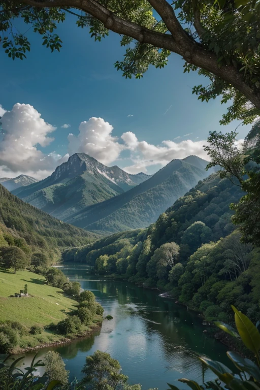 An exquisitely crafted masterpiece of digital art, this highly detailed landscape captures the breathtaking beauty of a tranquil valley. The award-winning image showcases a vibrant and immersive scenery, meticulously rendered with the finest quality and utmost precision. With its stunning 4K resolution, this captivating artwork transports viewers to a world where nature reigns supreme. The scene unfolds before our eyes, revealing a picturesque valley adorned with an emerald lake nestled amidst a lush forest. The majestic mountains that guard the valley rise gracefully, their peaks reaching for the heavens. The verdant canopy of trees, ethereal and twisted, adds an otherworldly charm to the landscape, as if plucked straight from a fairy tale. The diorama-like macro photography showcases every minute detail with.And there's a boat with people on it.