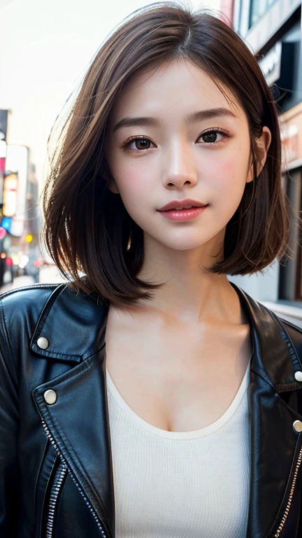 (((Shoulder-length straight brown hair mini bob)))、(((目が細くlight eye makeup)))、(((standing alone on the rider&#39;Black leather jacket with the backdrop of a nighttime Kabukicho alley.)))、(((Please come wearing clothes that cover your arms.)))、Half Japanese and Korean、18 year old girl、independent、facing forward、light eye makeup、brown hair color、flat 、hair blowing in the wind、quality of actress、shiny, super realistic face、smileの表情、Moist eyes、look up、Calming lighting effects、 ultra-realistic capture、very detailed、High resolution 16K close-up of human skin。Skin texture must be natural、Must be so detailed that pores are visible、skin is healthy、Must be an even tone、Use natural light and color、High quality photos taken by a modeling agency&#39;Exclusive photographer、smile
